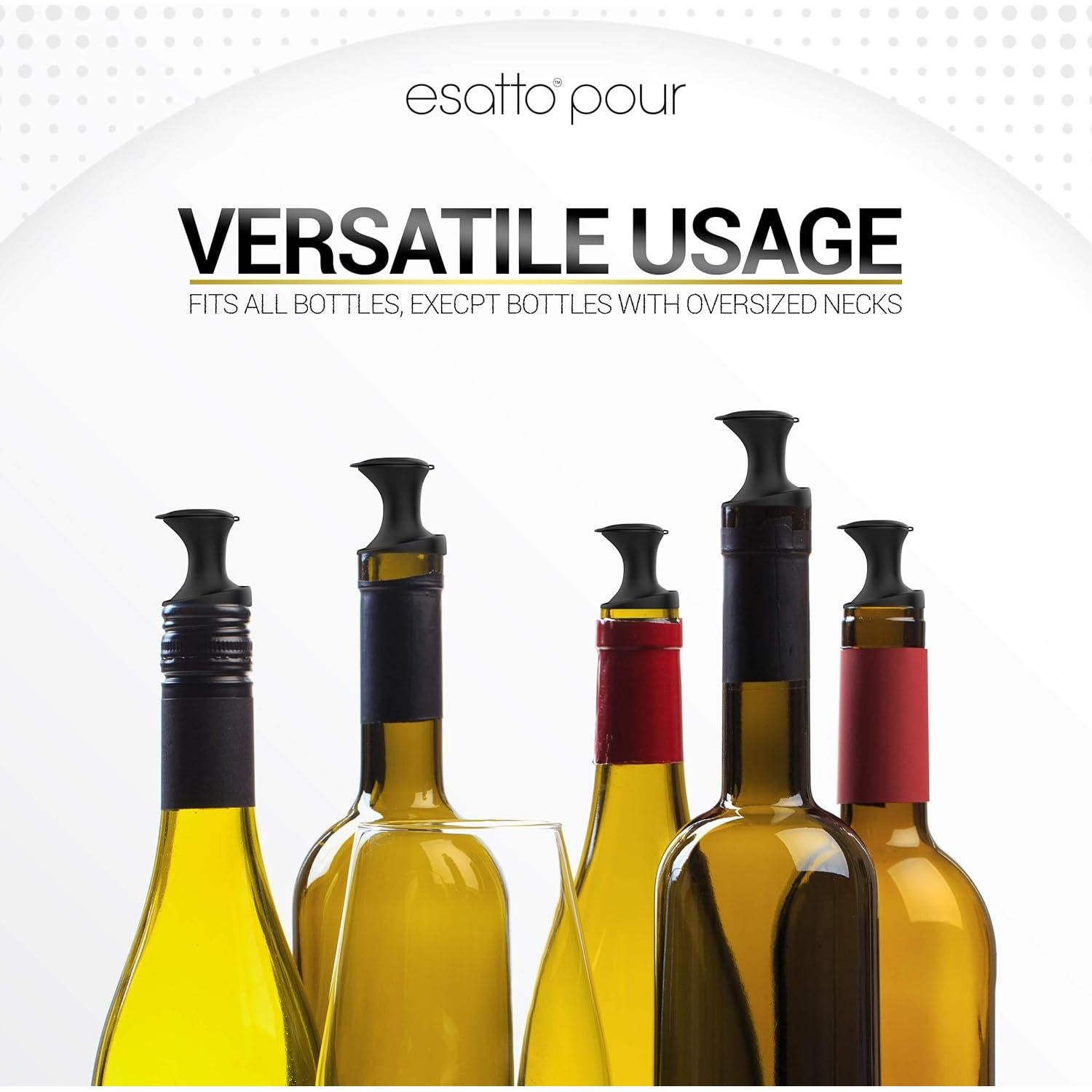 Esatto Pour and Seal, Plastic Bottle Pourers With Built In Lid – Easy and Precise Pouring, Lid for Storing and Healthy Practices, Professional Bar Tool, Pack of 12 Pieces Wine Stopper Pourer (Black)