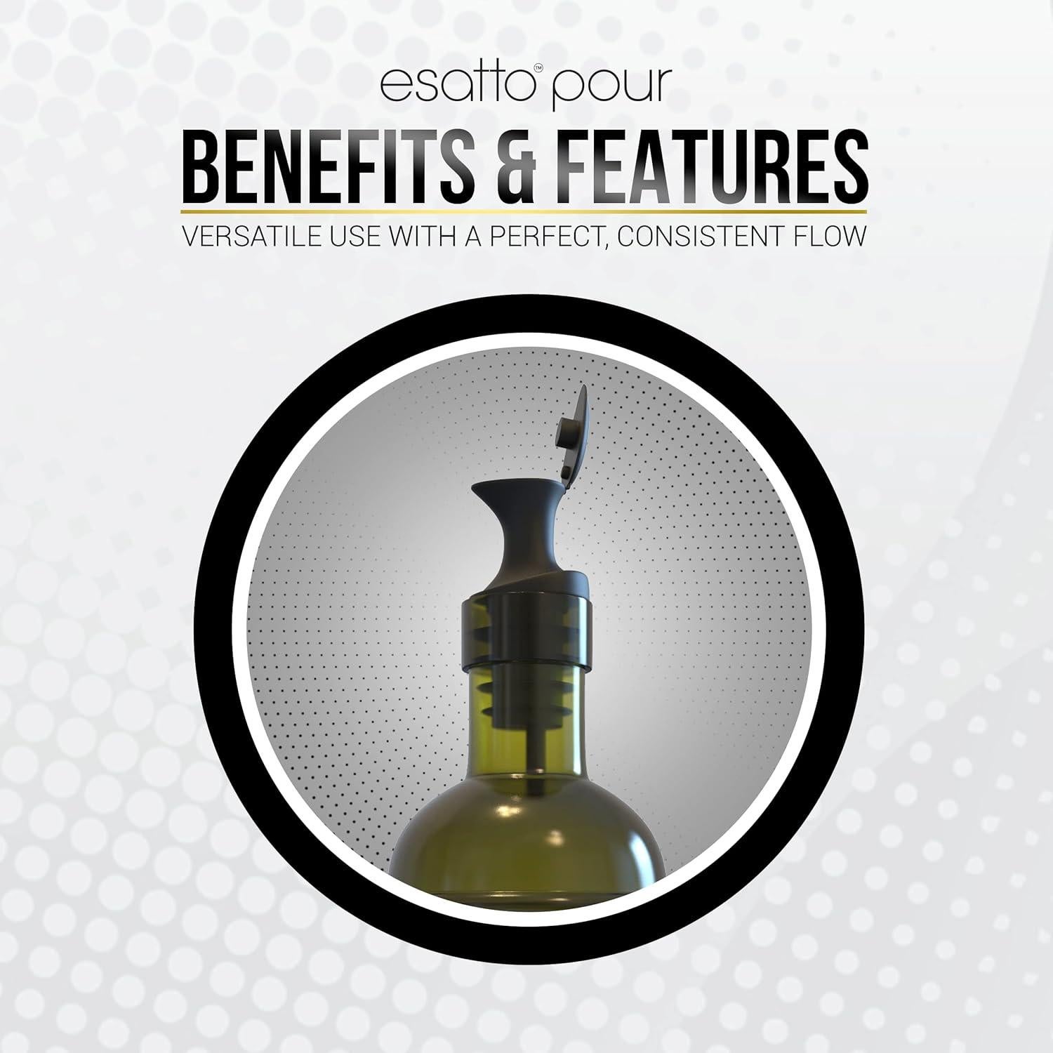 Esatto Pour and Seal, Plastic Bottle Pourers With Built In Lid – Easy and Precise Pouring, Lid for Storing and Healthy Practices, Professional Bar Tool, Pack of 12 Pieces Wine Stopper Pourer (Black)