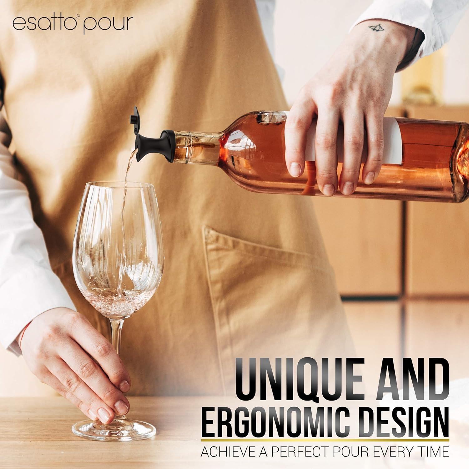 Esatto Pour and Seal, Plastic Bottle Pourers With Built In Lid – Easy and Precise Pouring, Lid for Storing and Healthy Practices, Professional Bar Tool, Pack of 12 Pieces Wine Stopper Pourer (Black)