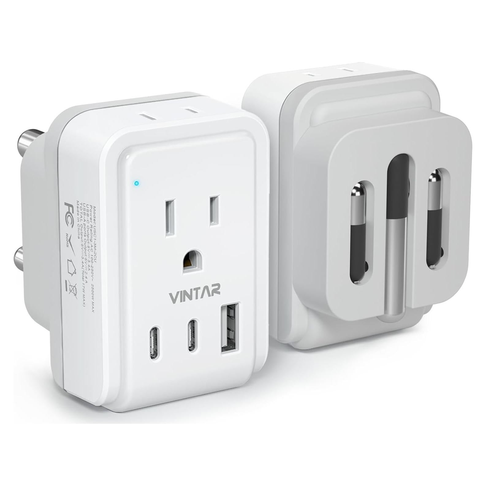 Adaptador de Enchufe Tipo M VINTAR con 2 Salidas CA y 3 USB