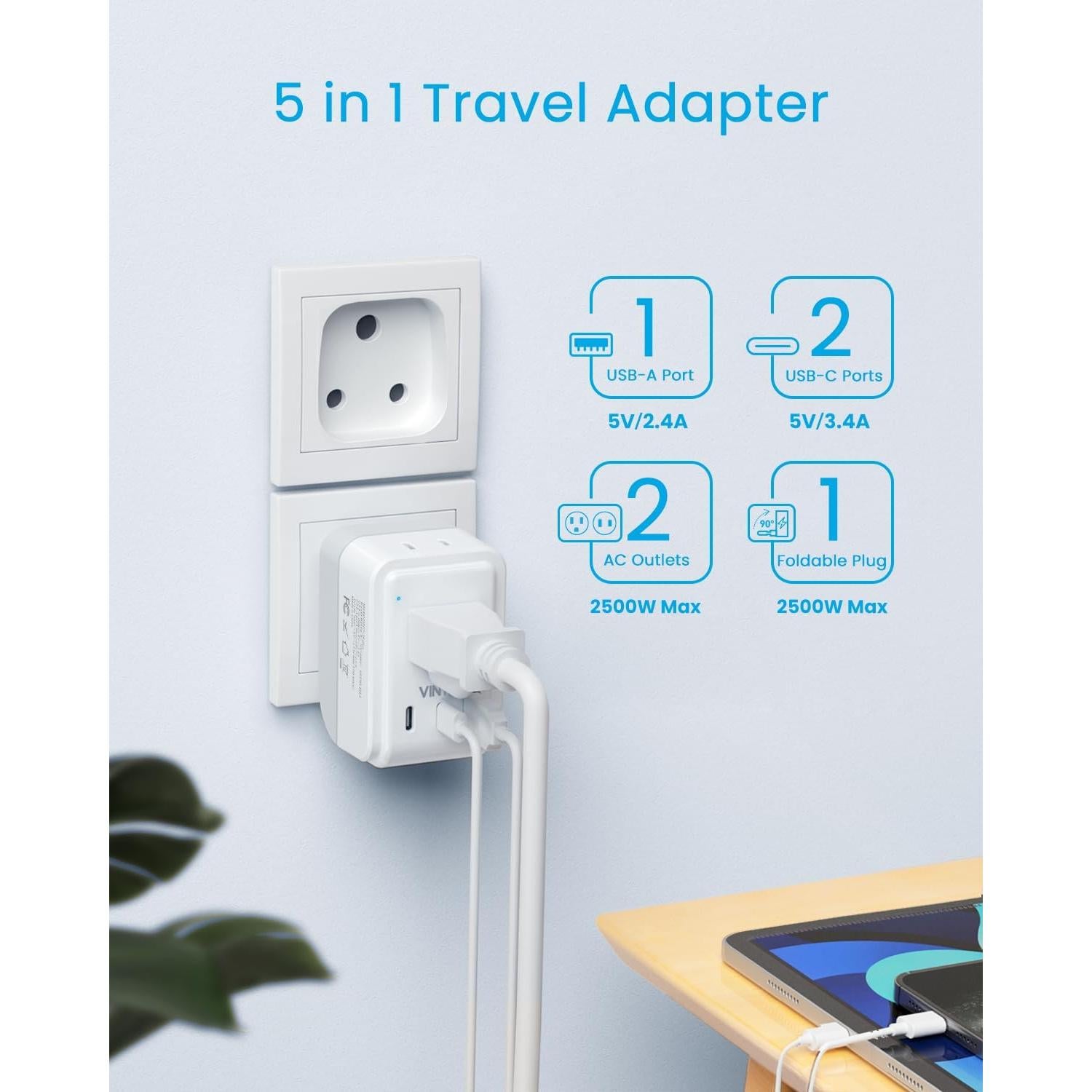 Adaptador de Enchufe Tipo M VINTAR con 2 Salidas CA y 3 USB