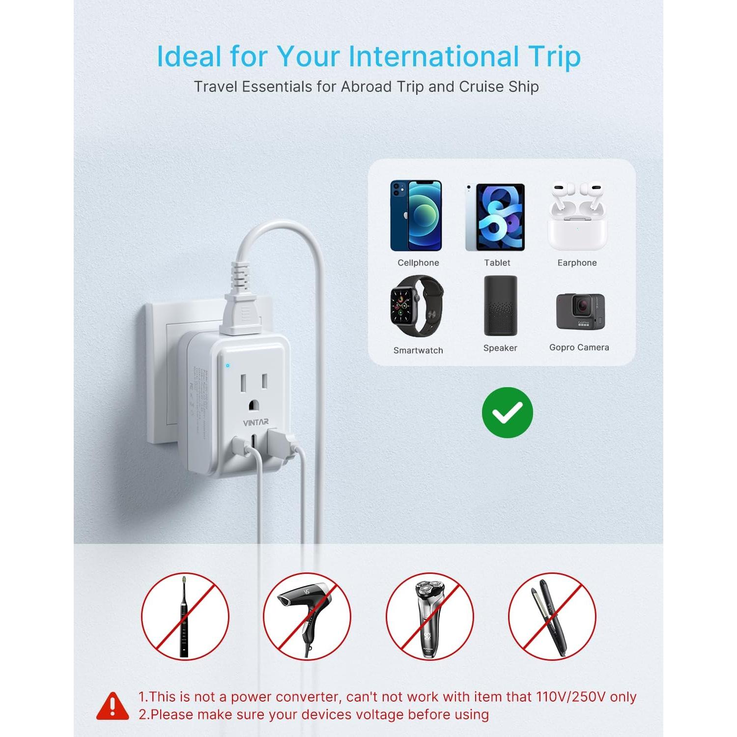 Adaptador de Enchufe Tipo M VINTAR con 2 Salidas CA y 3 USB