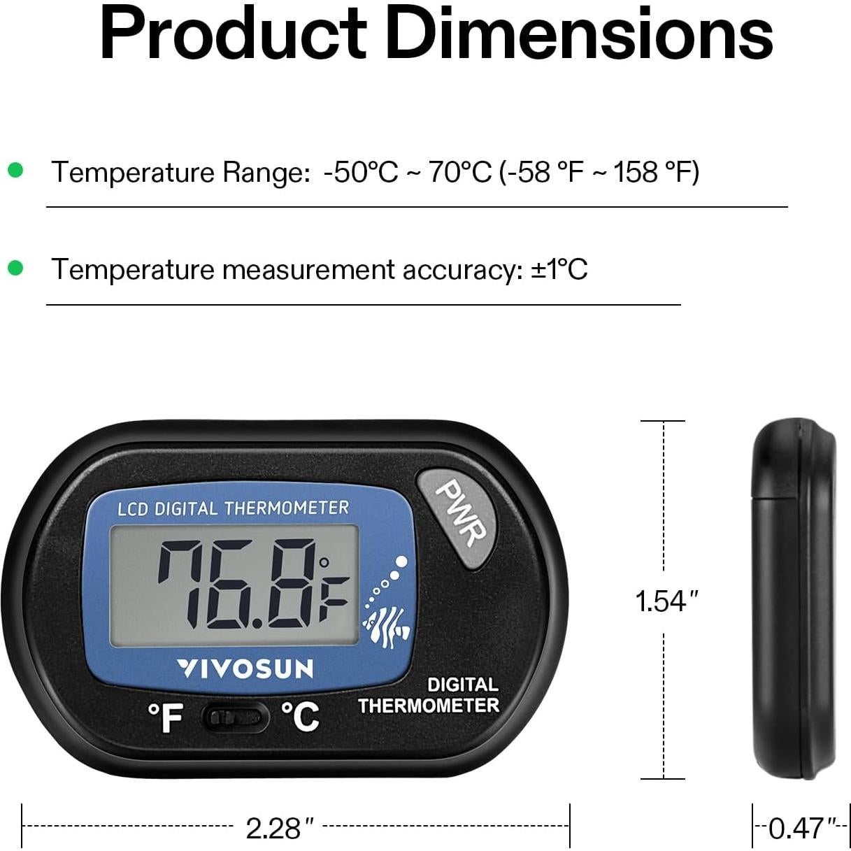 Termómetro Digital LCD VIVOSUN para Acuario 1 Pack - Precisión -50°C a +70°C