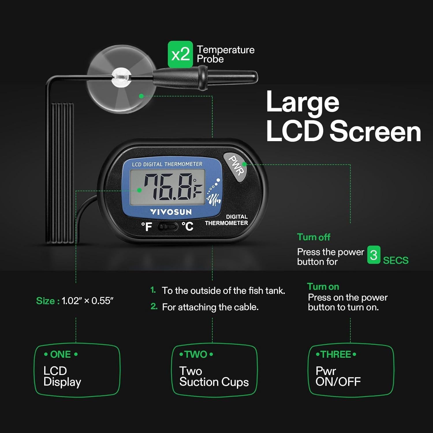 Termómetro Digital LCD VIVOSUN para Acuario 1 Pack - Precisión -50°C a +70°C