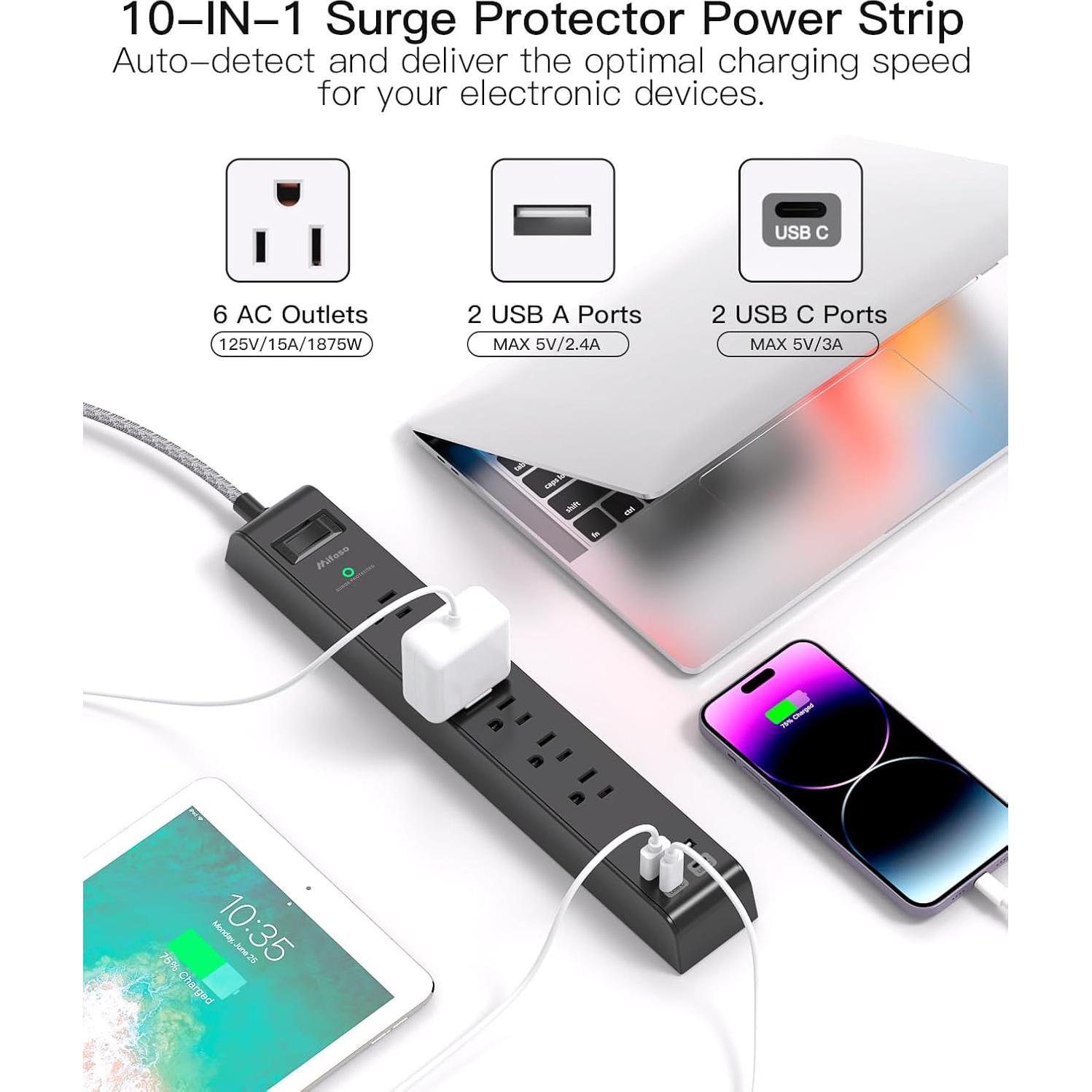 Protector de Sobretensión MIFASOPOWER 6 Salidas 4 USB 1.52m