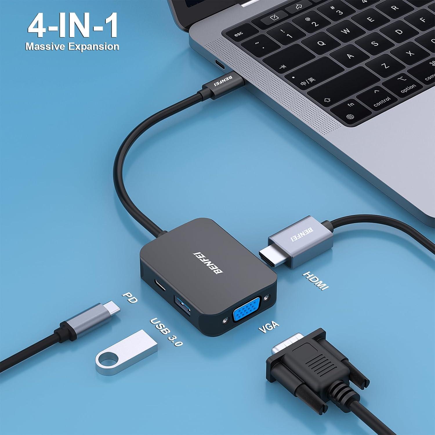 HUB USB-C 4 en 1 BENFEI a HDMI VGA USB-C 60W Carga