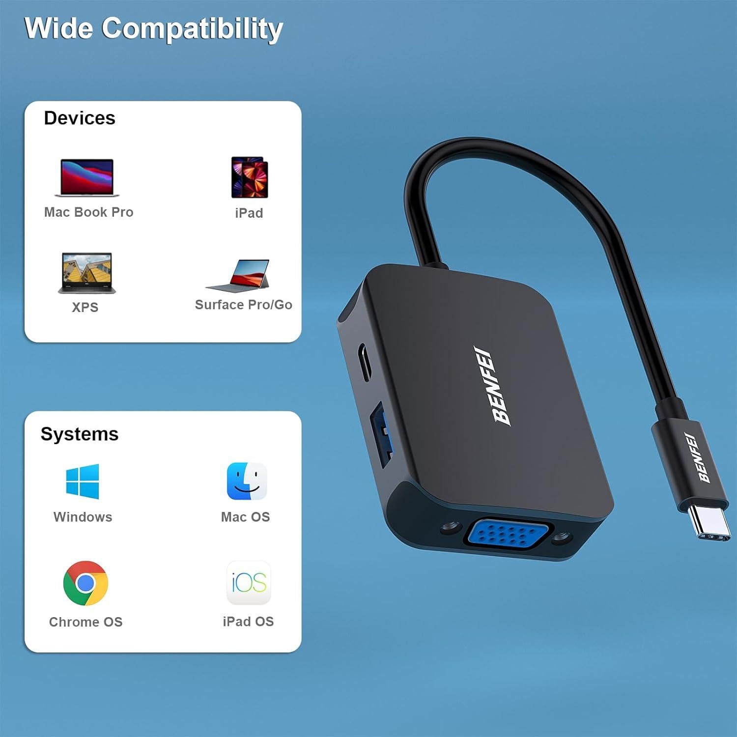 HUB USB-C 4 en 1 BENFEI a HDMI VGA USB-C 60W Carga