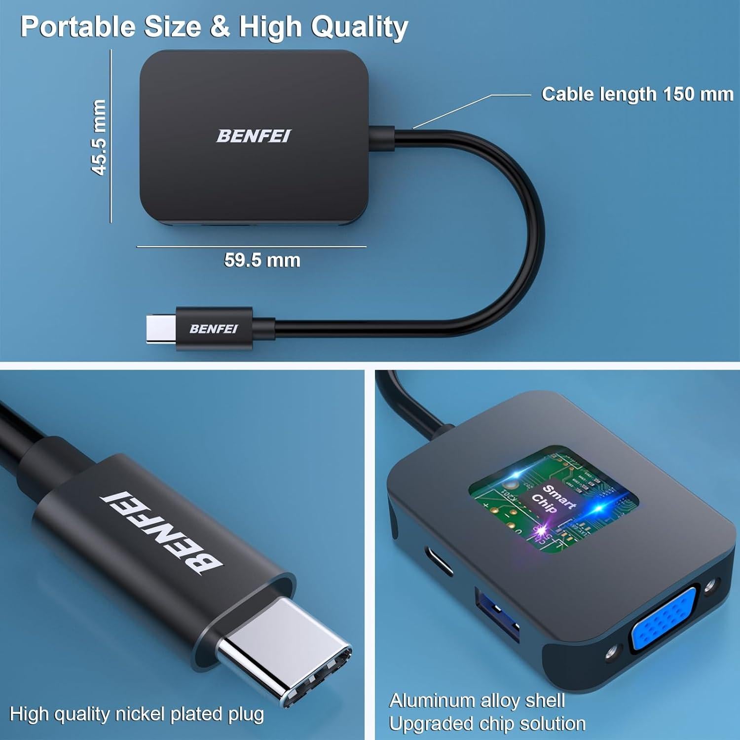 HUB USB-C 4 en 1 BENFEI a HDMI VGA USB-C 60W Carga