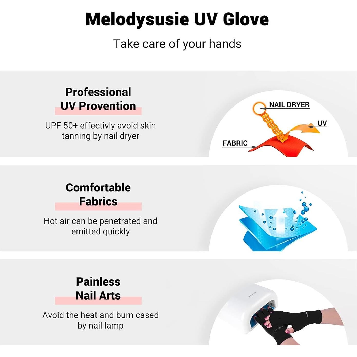 Guantes UV MelodySusie Negros UPF50+ para Manicura