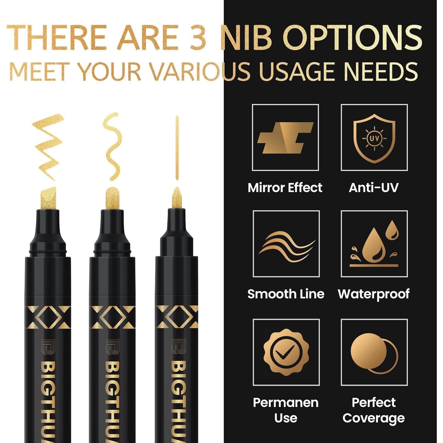 Marcadores Cromados Líquidos BIGTHUMB 3Pcs Oro 0.7-5mm