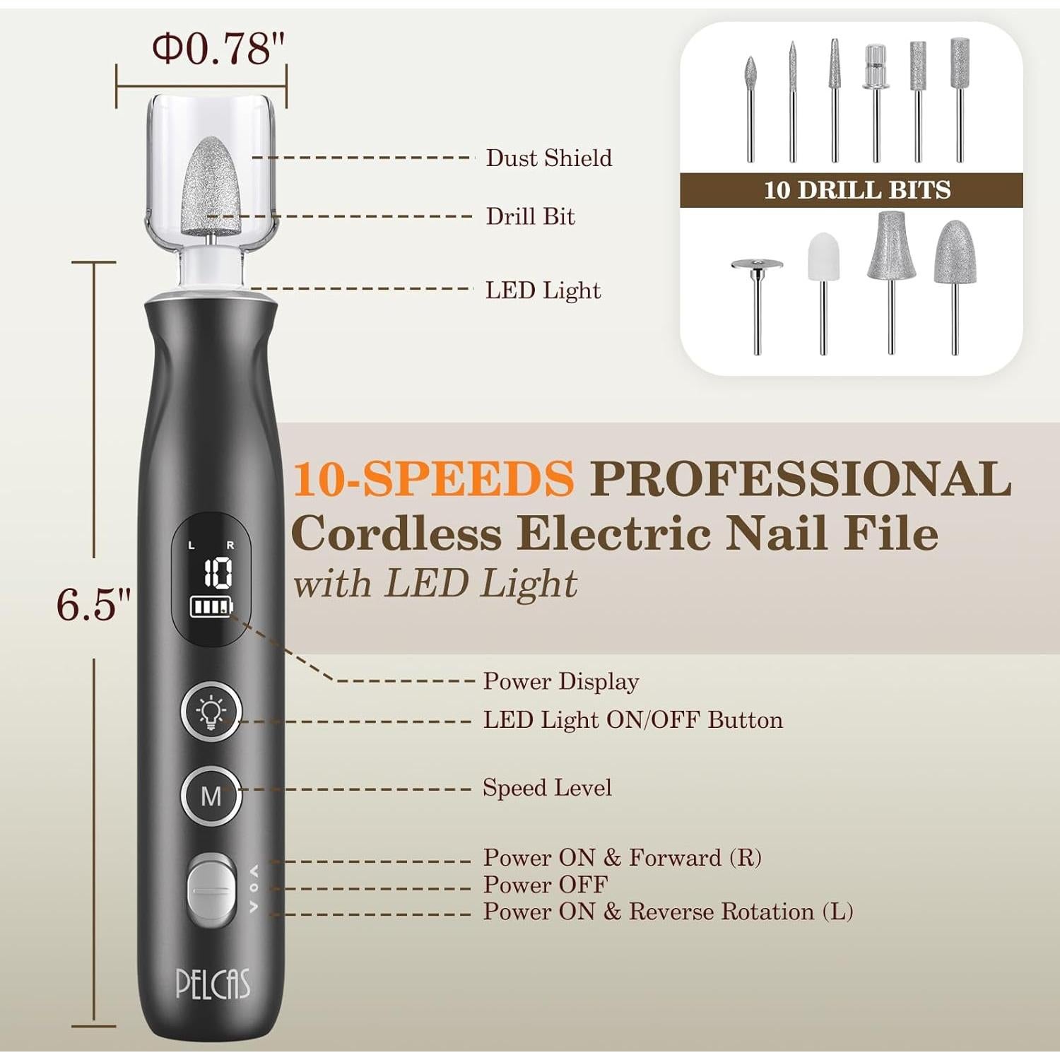 Molinillo de Uñas Eléctrico PELCAS Inalámbrico 10 Velocidades