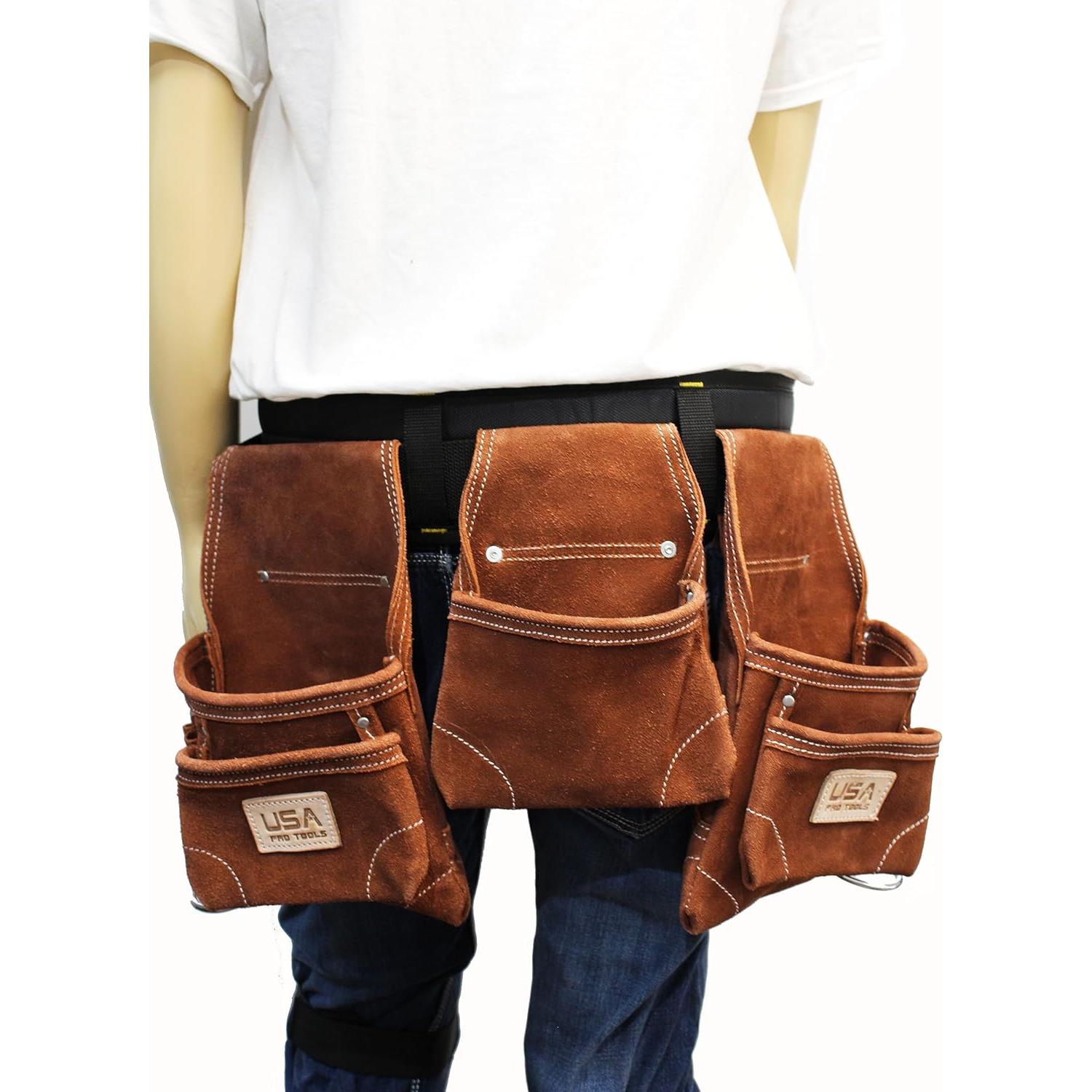 Cinturón de Herramientas USA Pro Tools de Cuero Marrón 11 Bolsillos