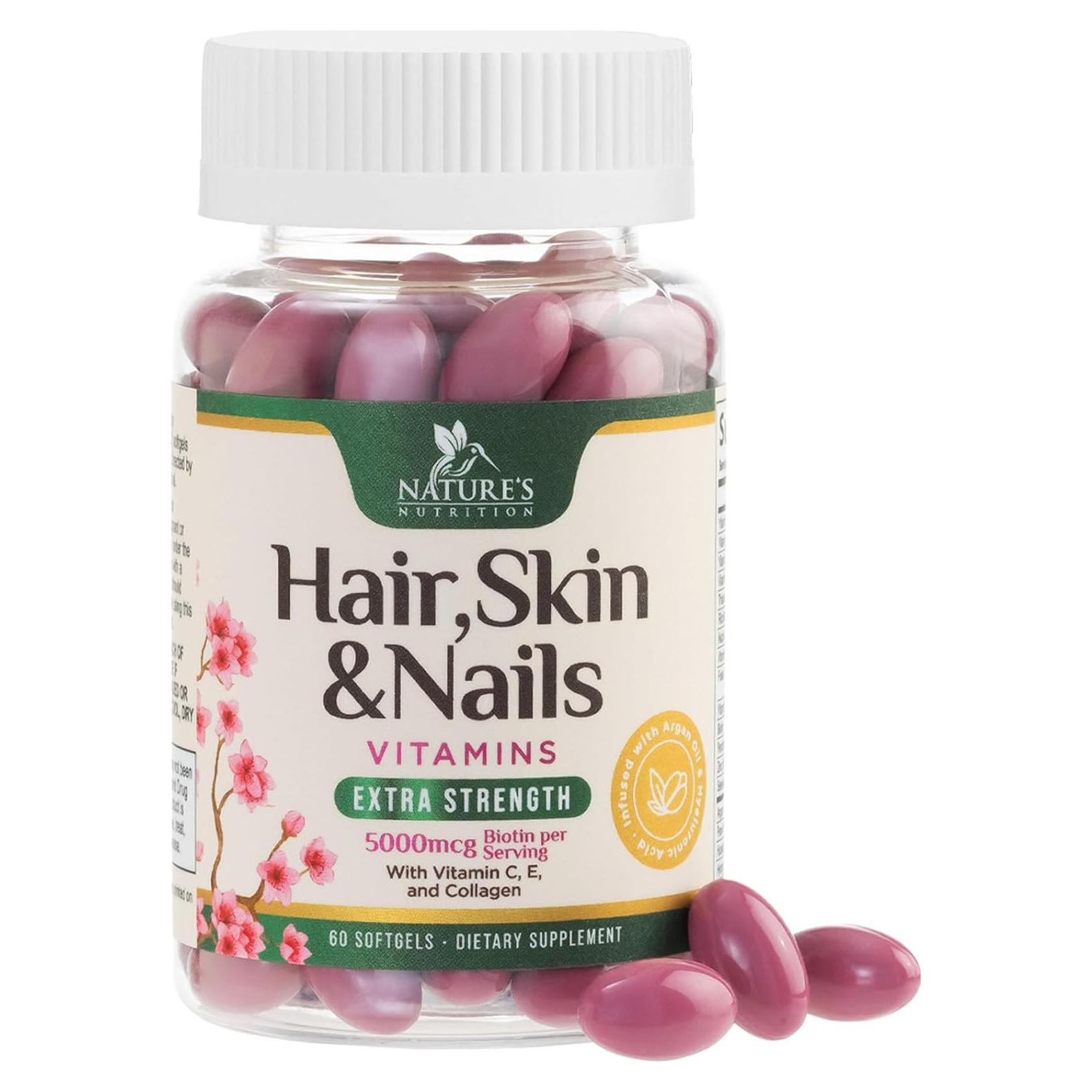 Vitaminas para el Cabello Nature's 5000 mcg Biotina Colágeno 60 Softgels