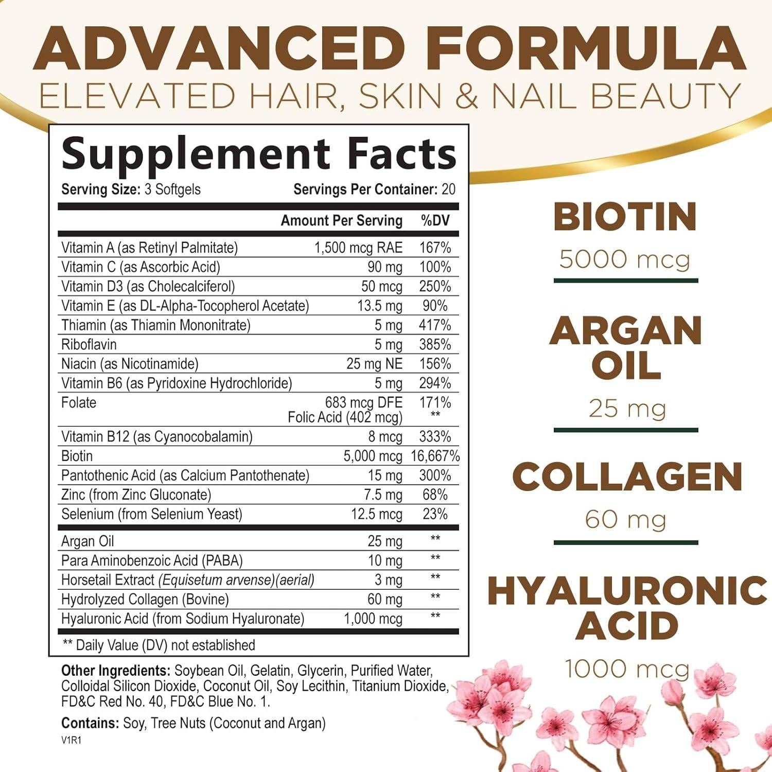 Vitaminas para el Cabello Nature's 5000 mcg Biotina Colágeno 60 Softgels