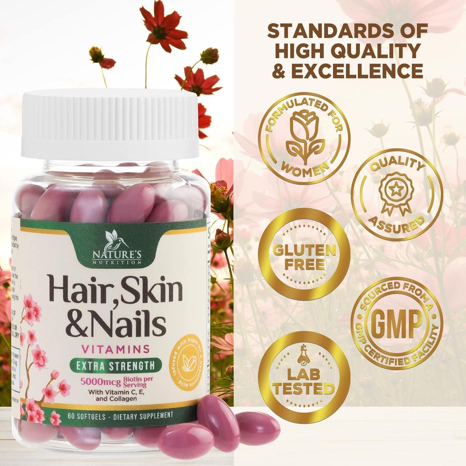 Vitaminas para el Cabello Nature's 5000 mcg Biotina Colágeno 60 Softgels