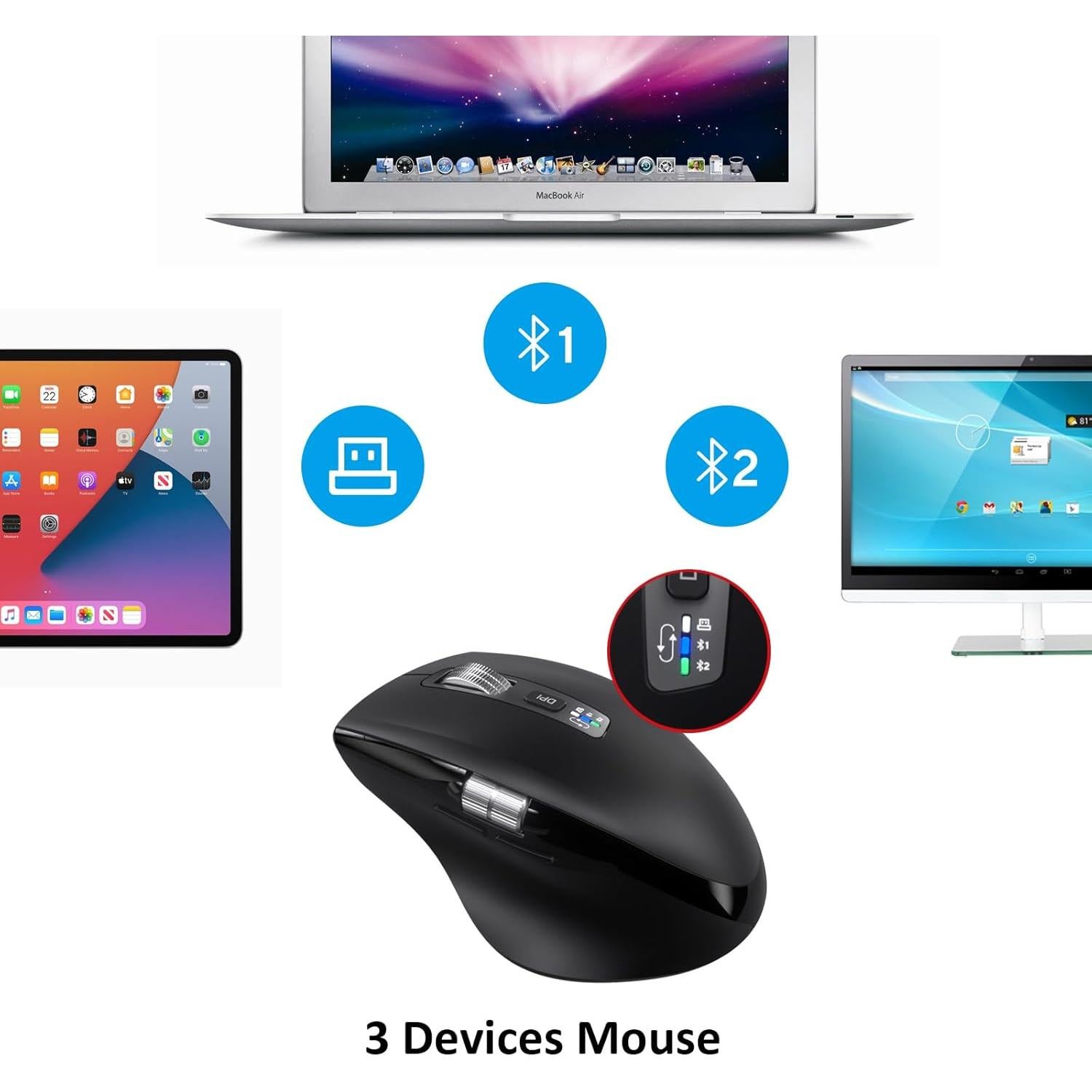 Wireless Bluetooth Mouse with Smart Flying Scroll,Side Thumb Scroll Ergonomic Mice,Silent Multi-Device Mouse for Computer,Laptop,iPad,Tablet,MacBook (Black)