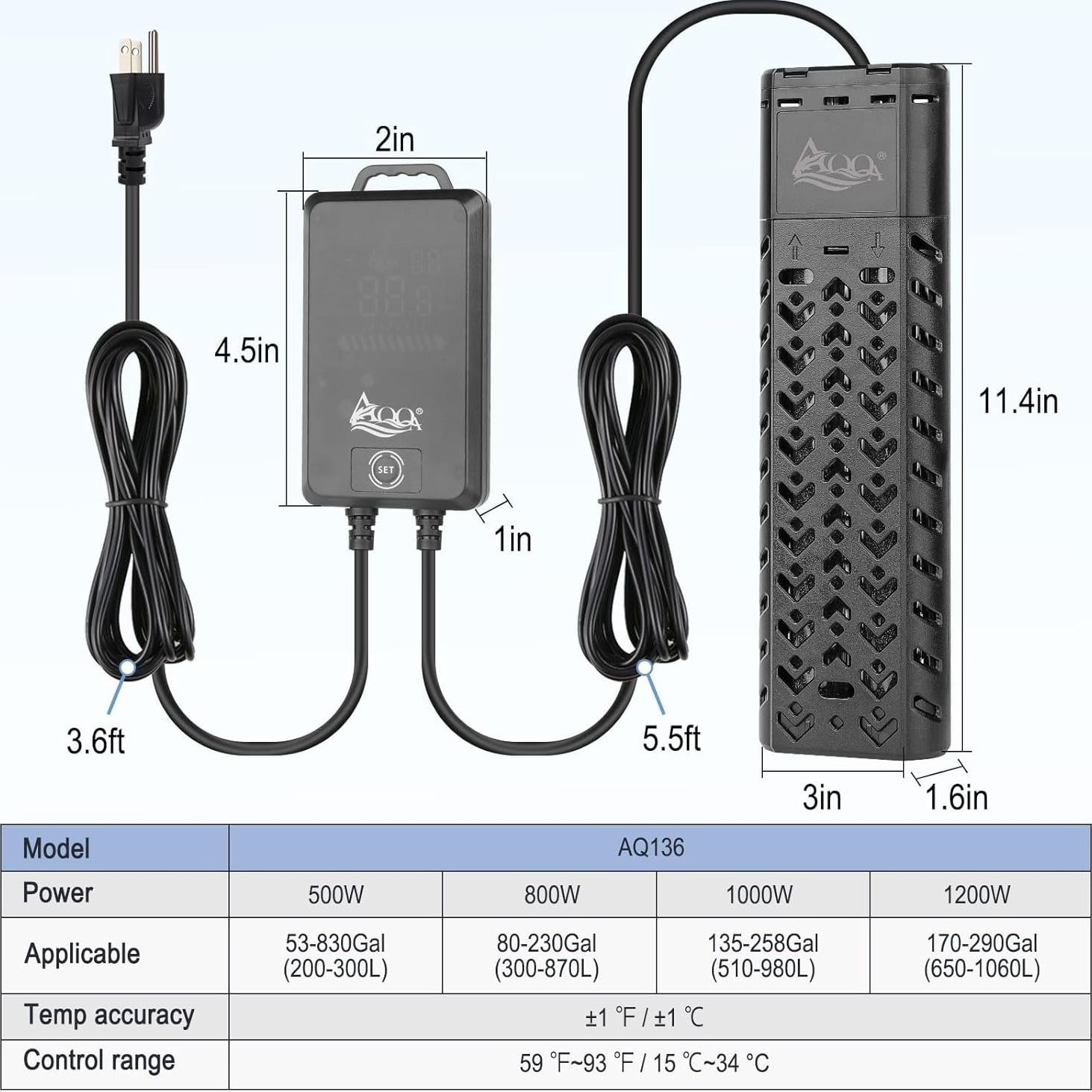Calentador de Acuario AQQA 500W para 208-492 Litros con Controlador
