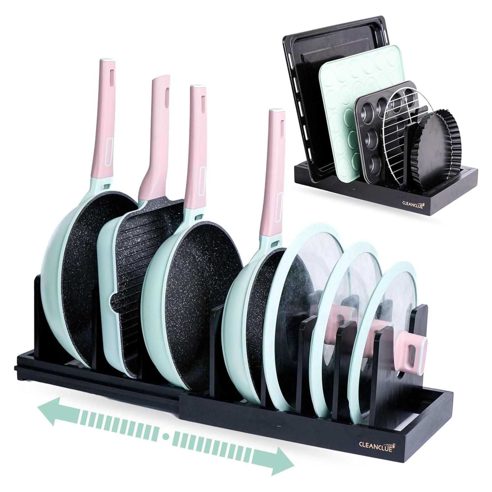 Bamboo Expandable Bakeware and Cutting Board Organizer, Adjustable Pot Lids Holder Rack, Cookie Sheet Baking Pan, Tray Organizer for Kitchen Storage (Black)