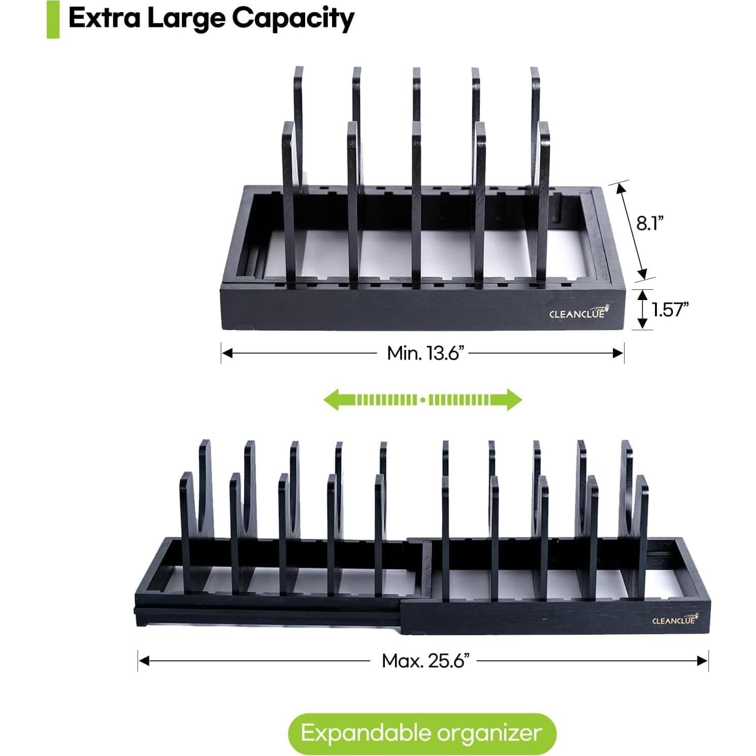 Bamboo Expandable Bakeware and Cutting Board Organizer, Adjustable Pot Lids Holder Rack, Cookie Sheet Baking Pan, Tray Organizer for Kitchen Storage (Black)