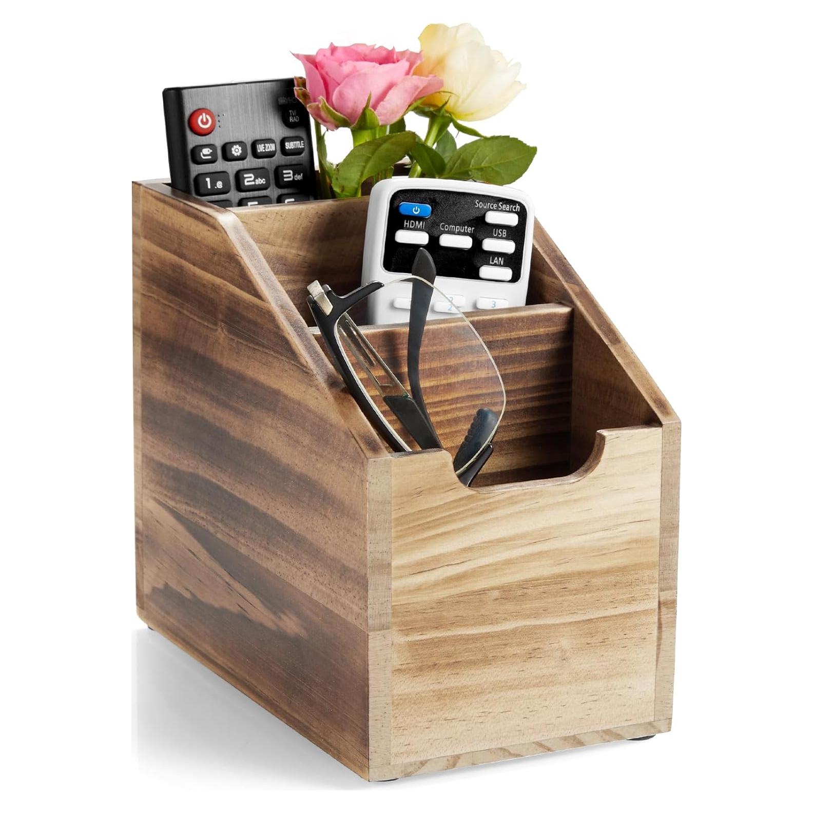 Soporte para Control Remoto BWODYAY de Madera Quemada con 3 Compartimentos