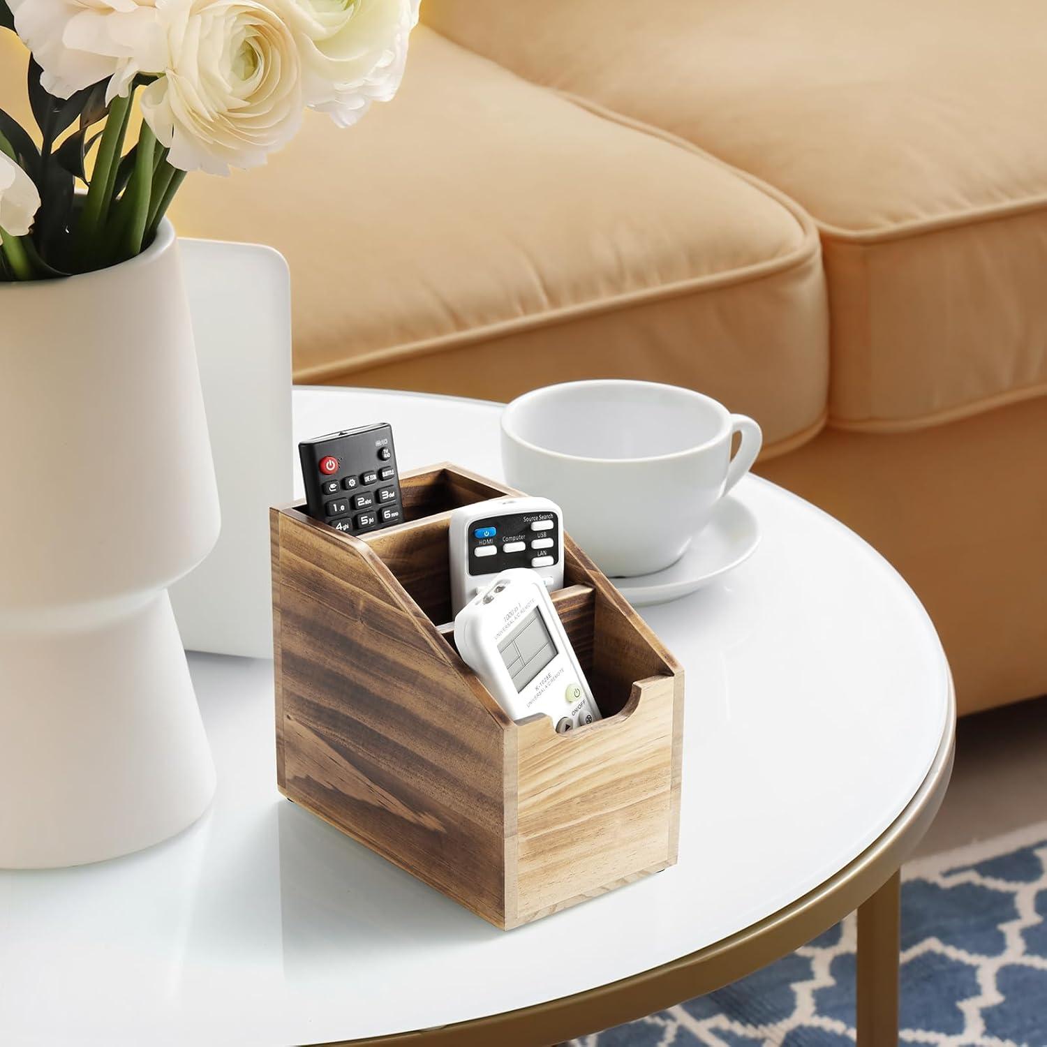 Soporte para Control Remoto BWODYAY de Madera Quemada con 3 Compartimentos