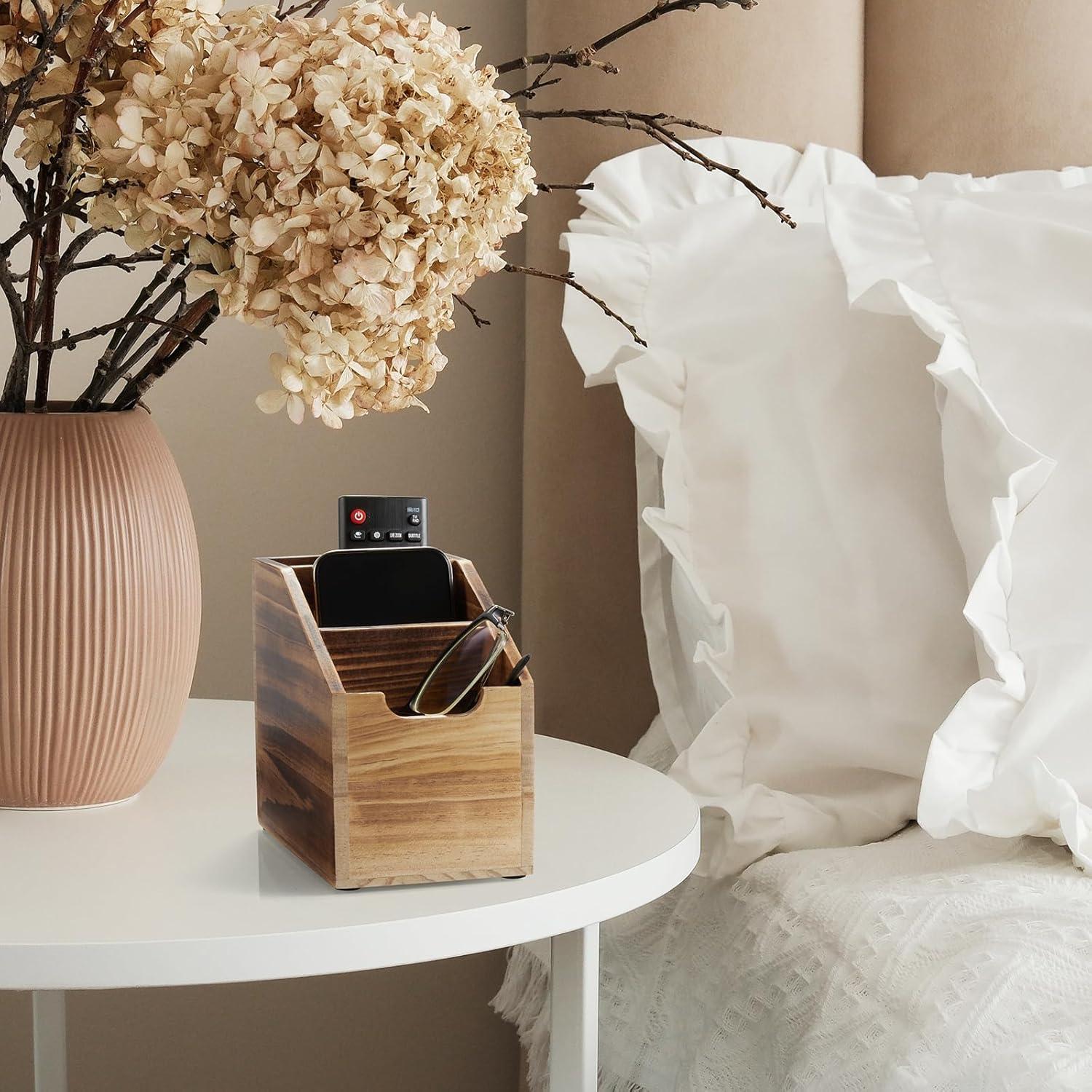 Soporte para Control Remoto BWODYAY de Madera Quemada con 3 Compartimentos