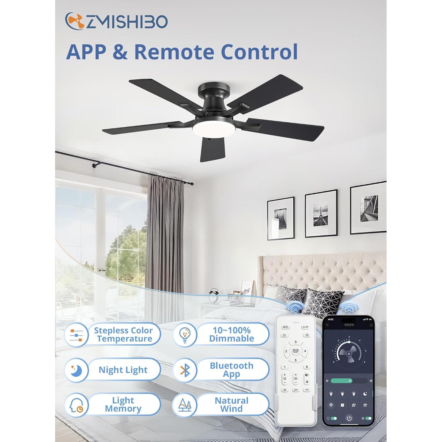 Ventilador de Techo ZMISHIBO 42" con Luz LED y Control Remoto