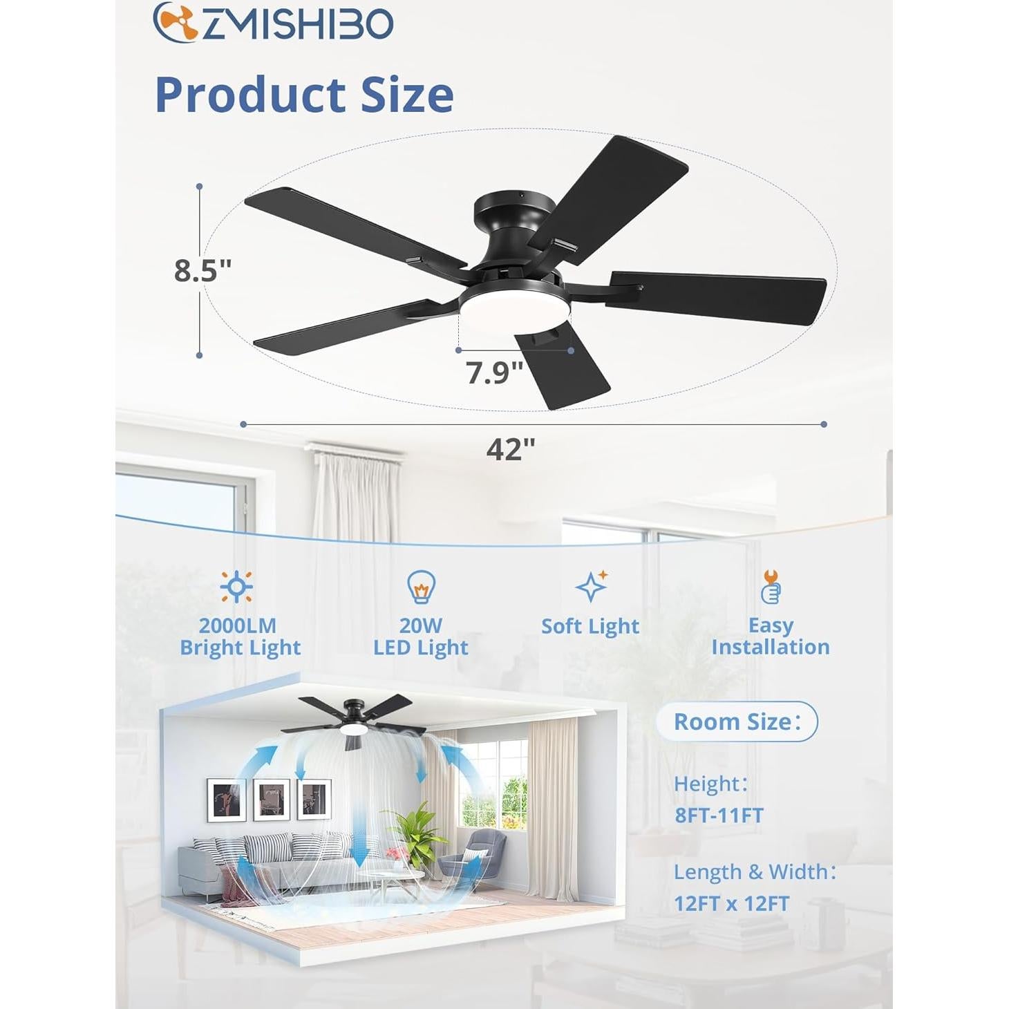 Ventilador de Techo ZMISHIBO 42" con Luz LED y Control Remoto