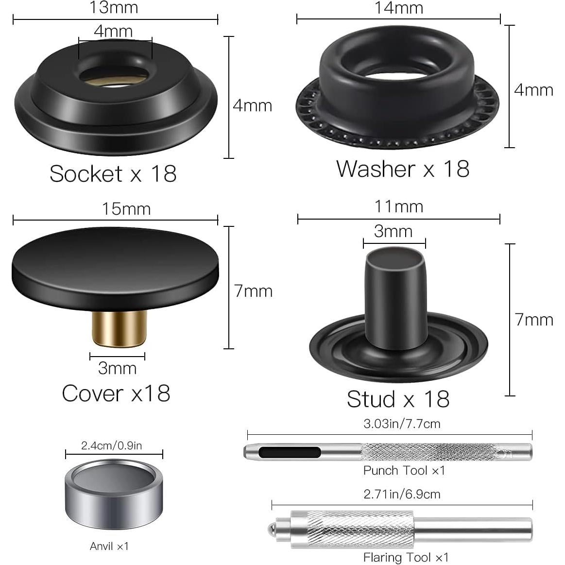 Kit de Broches a Presión Moocci 10 Juegos 15mm Negro