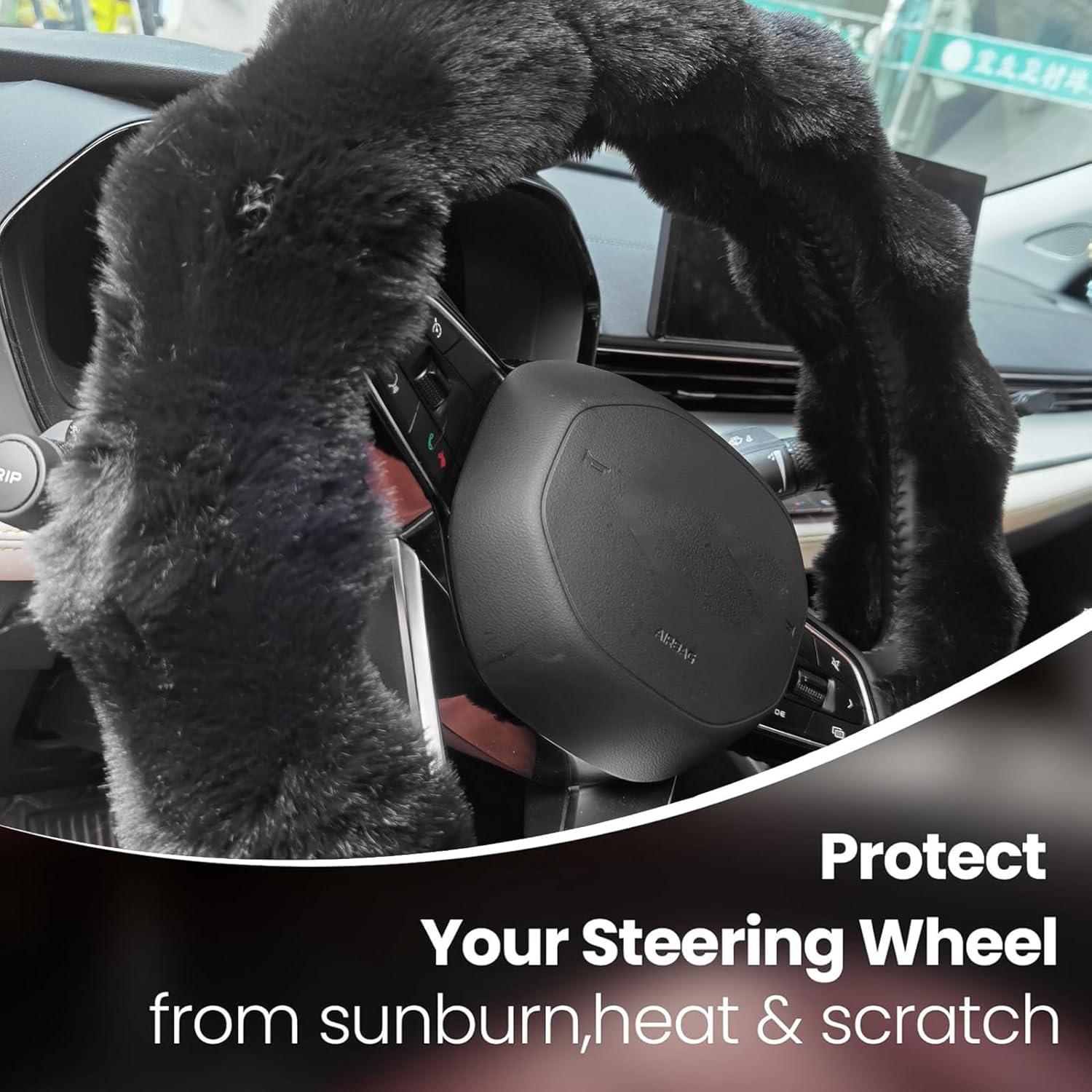 Cubierta de volante esponjosa YUNXNYC 38cm Negro para auto