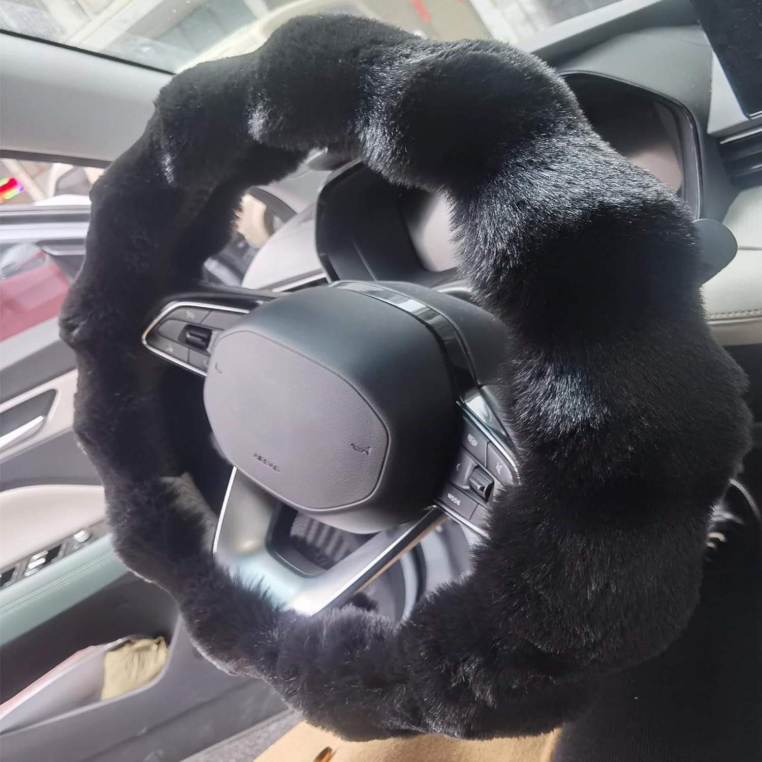 Cubierta de volante esponjosa YUNXNYC 38cm Negro para auto