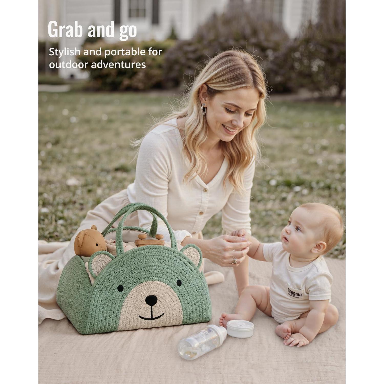 Cesta Organizadora de Pañales Blissful Diary Verde Oso 38x25x19 cm