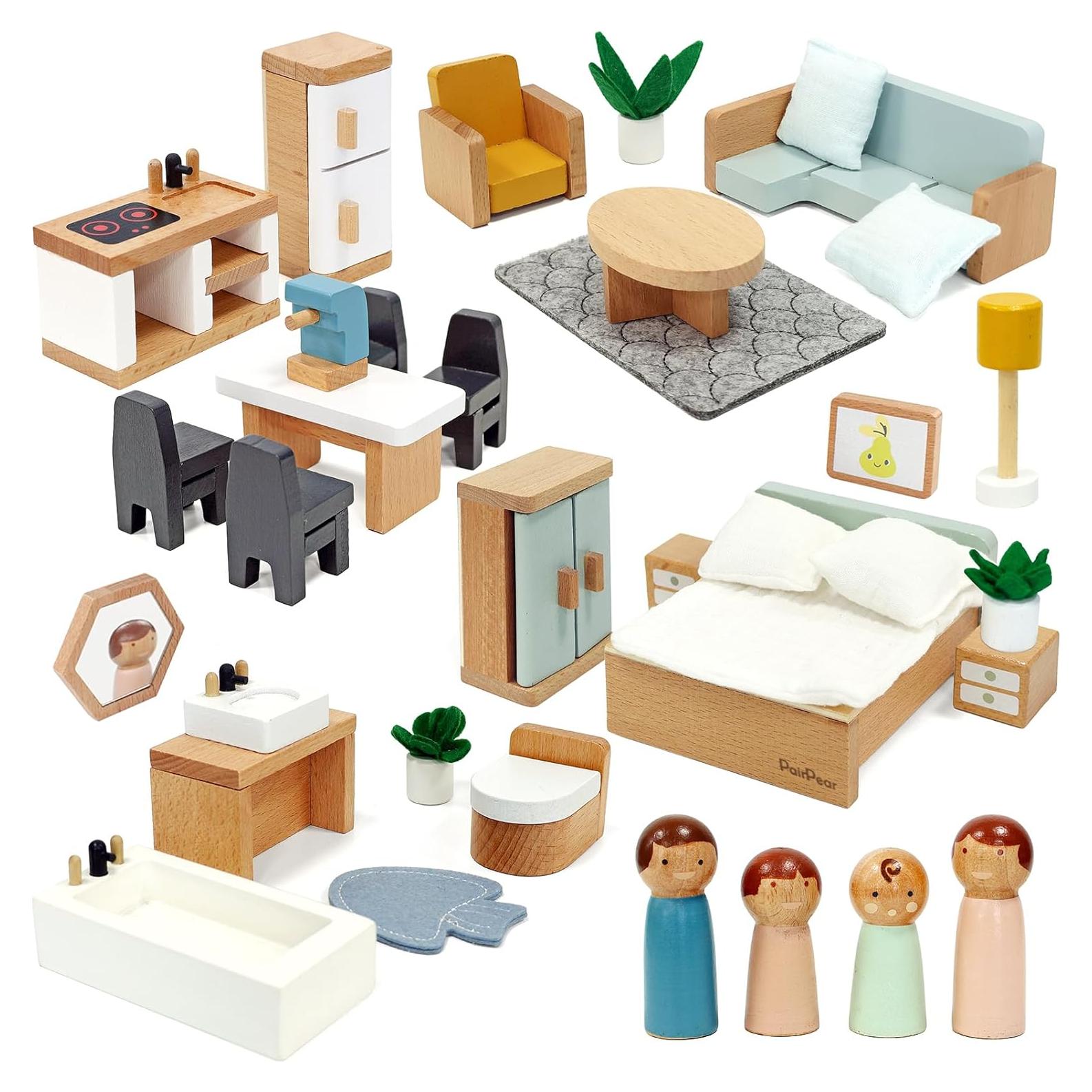 Juego de Muebles de Casa de Muñecas PairPear - 35 Piezas de Madera