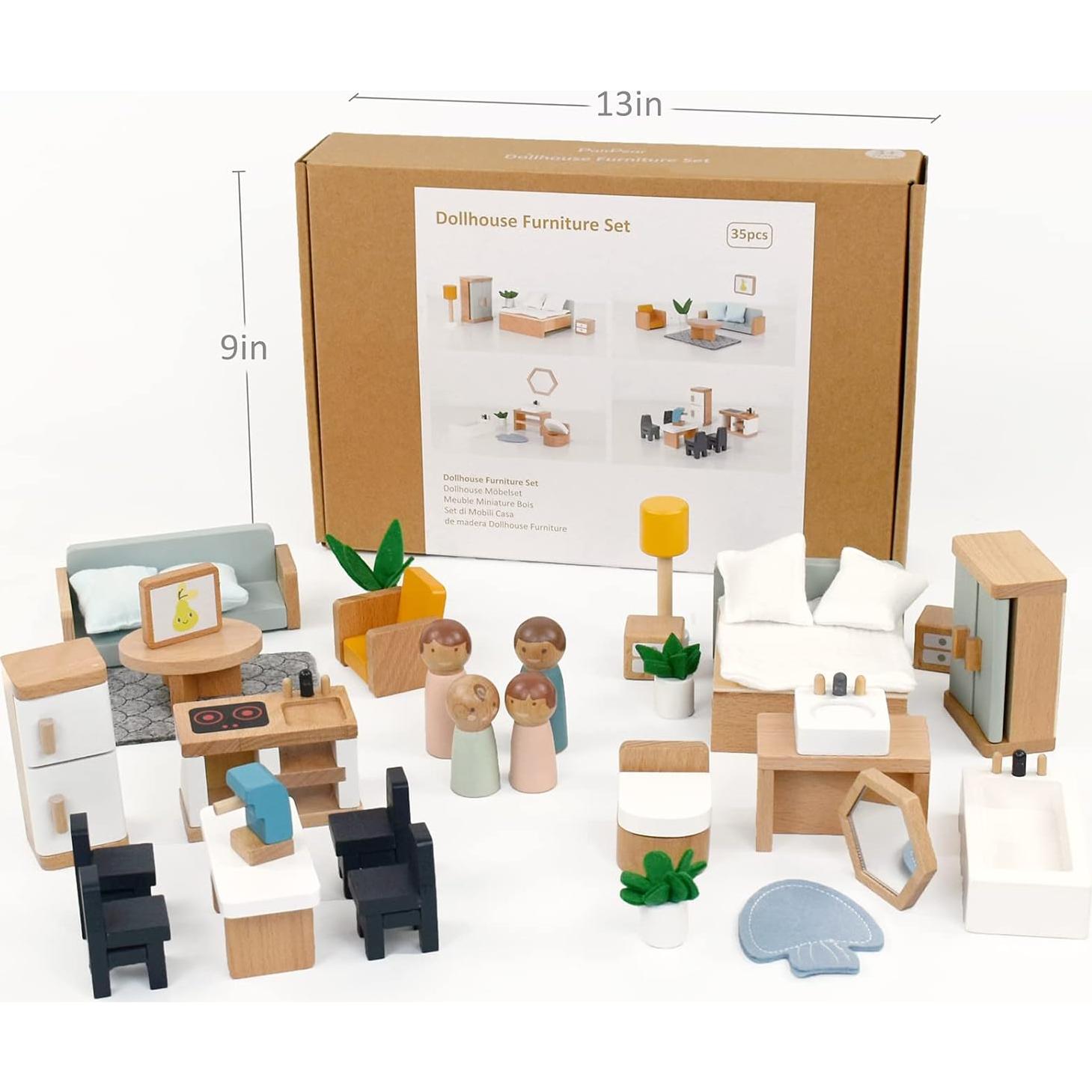 Juego de Muebles de Casa de Muñecas PairPear - 35 Piezas de Madera