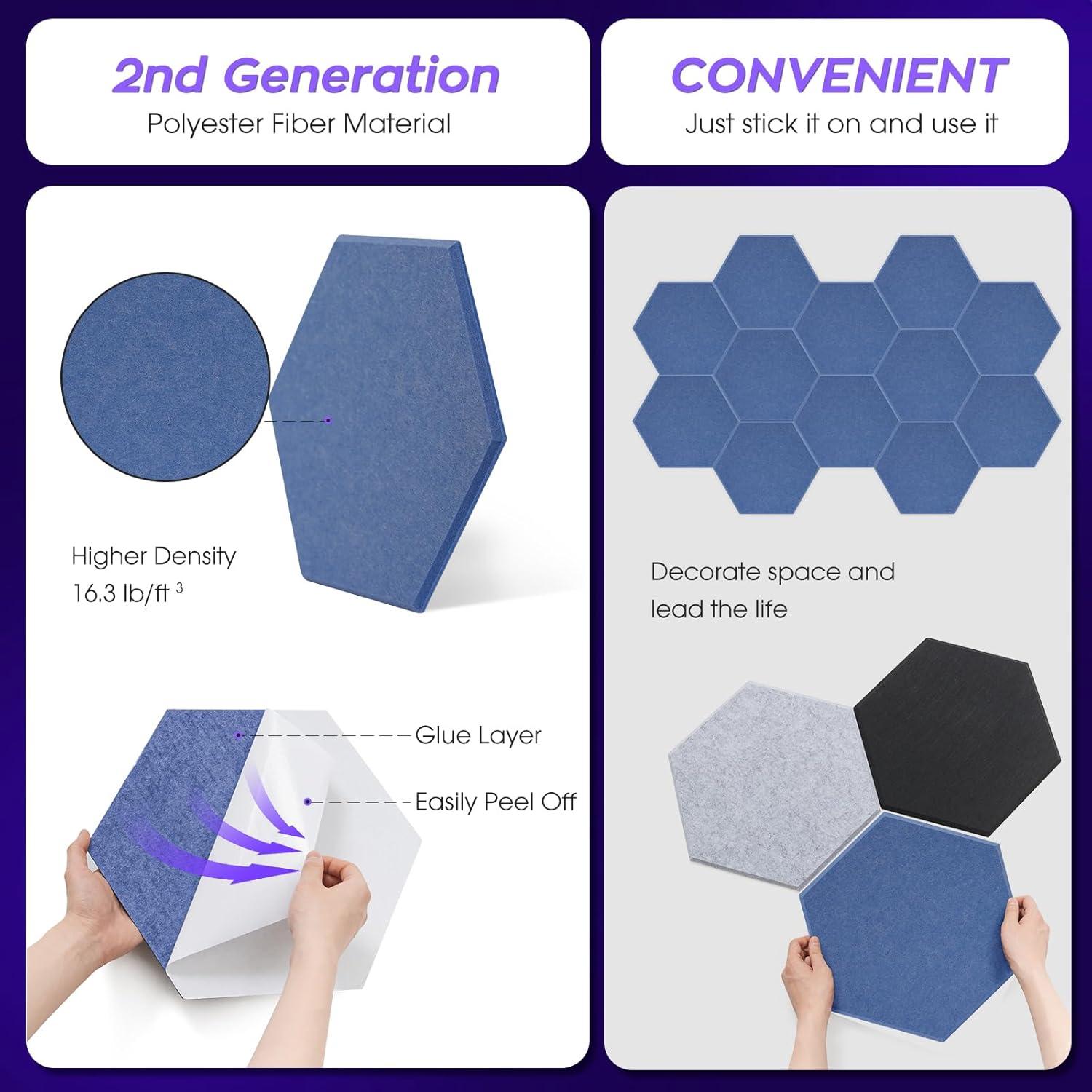 Paneles Acústicos Autoadhesivos Hexagonales 12 Pzas Azul 35.5x30.5cm
