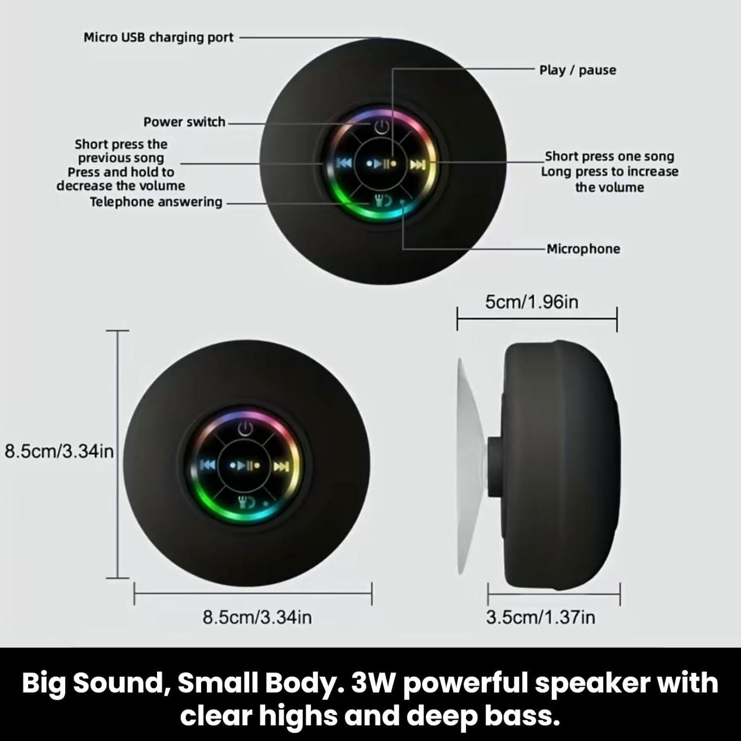 Altavoz Bluetooth Impermeable Luzsco Negro con LED y Ventosa