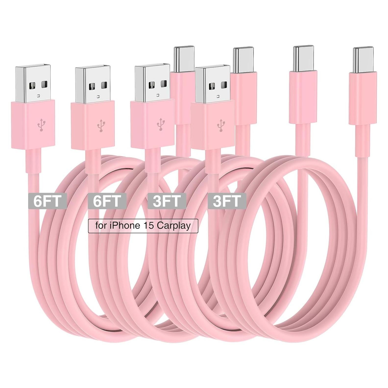 Cable Carplay USB C Cabepow 3/3/6/6FT para iPhone 15 Rosa