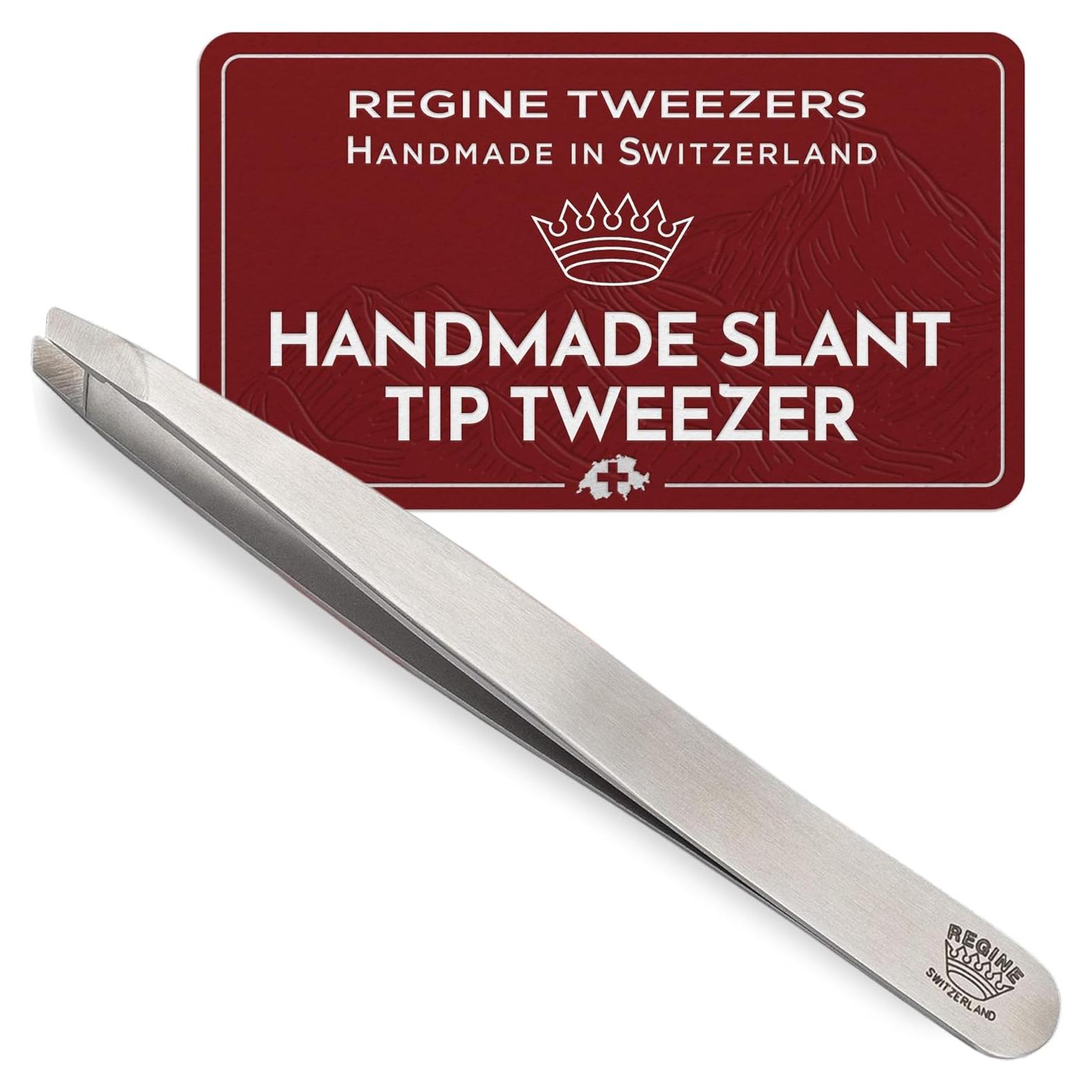 Professional Tweezers Slant Tip - Etched Tip Brow and Eyebrow Tool for Men and Women - Precision Tweezers for Fine Hair, Chin, Lash Extensions - Stainless Steel Handmade Beauty Tool