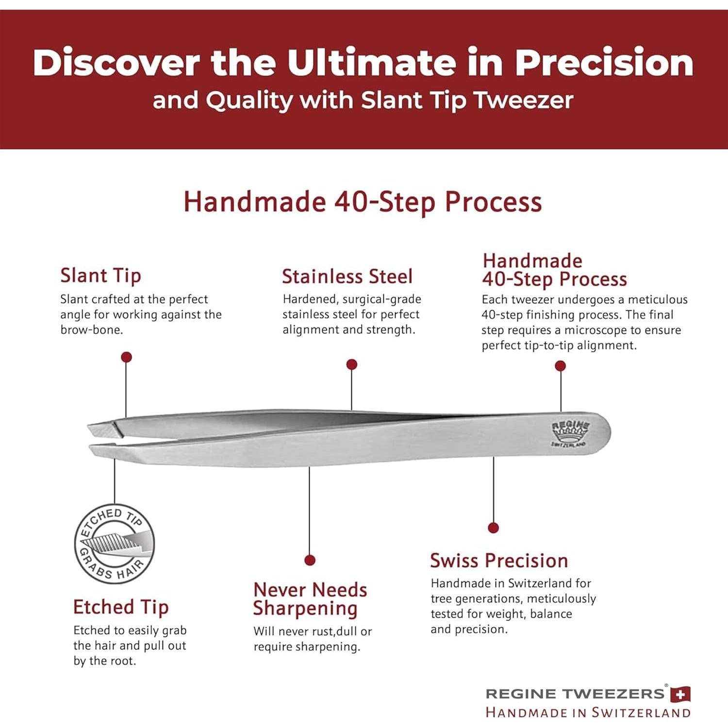 Professional Tweezers Slant Tip - Etched Tip Brow and Eyebrow Tool for Men and Women - Precision Tweezers for Fine Hair, Chin, Lash Extensions - Stainless Steel Handmade Beauty Tool