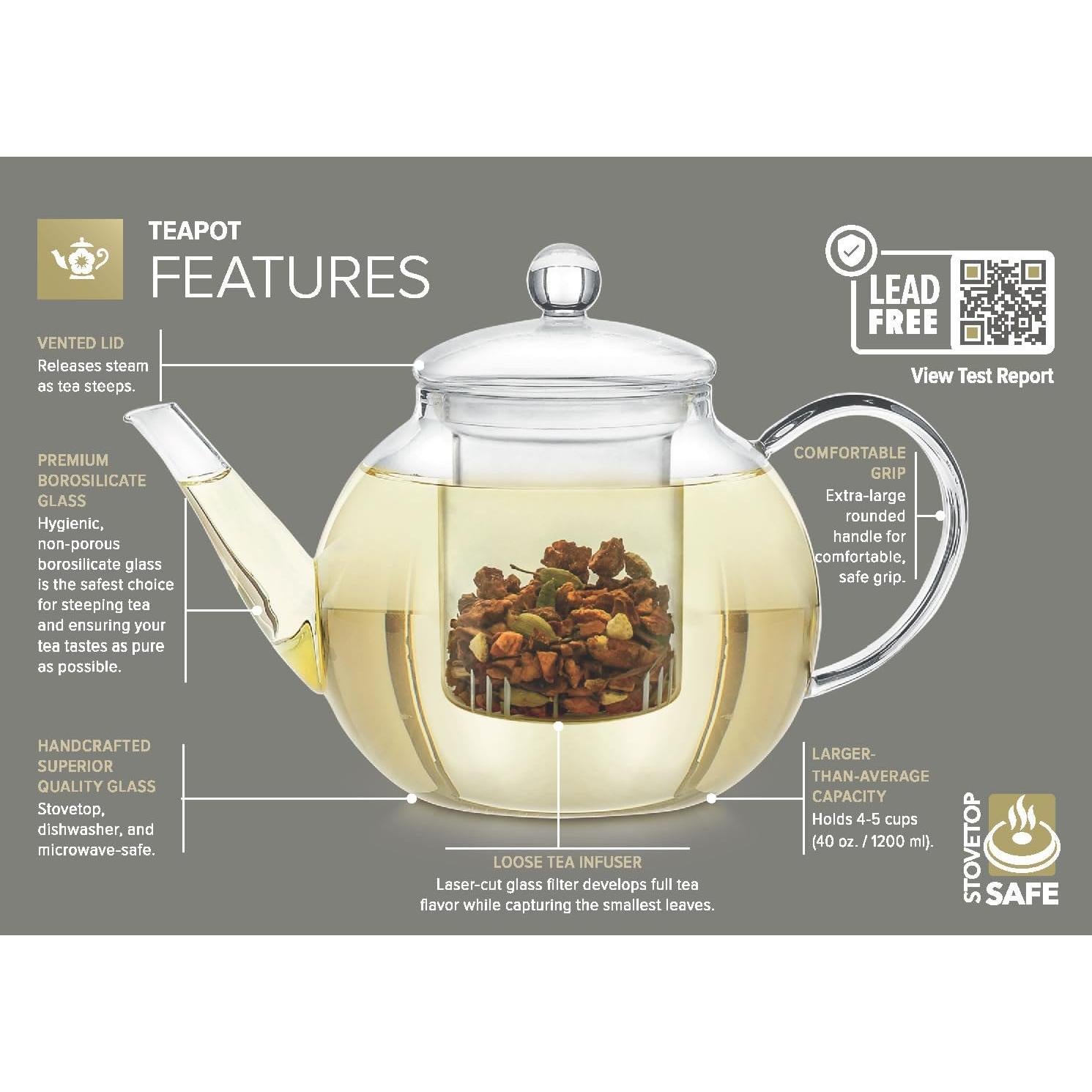 Tetera de vidrio Teabloom Celebration 1.0 L con infusor