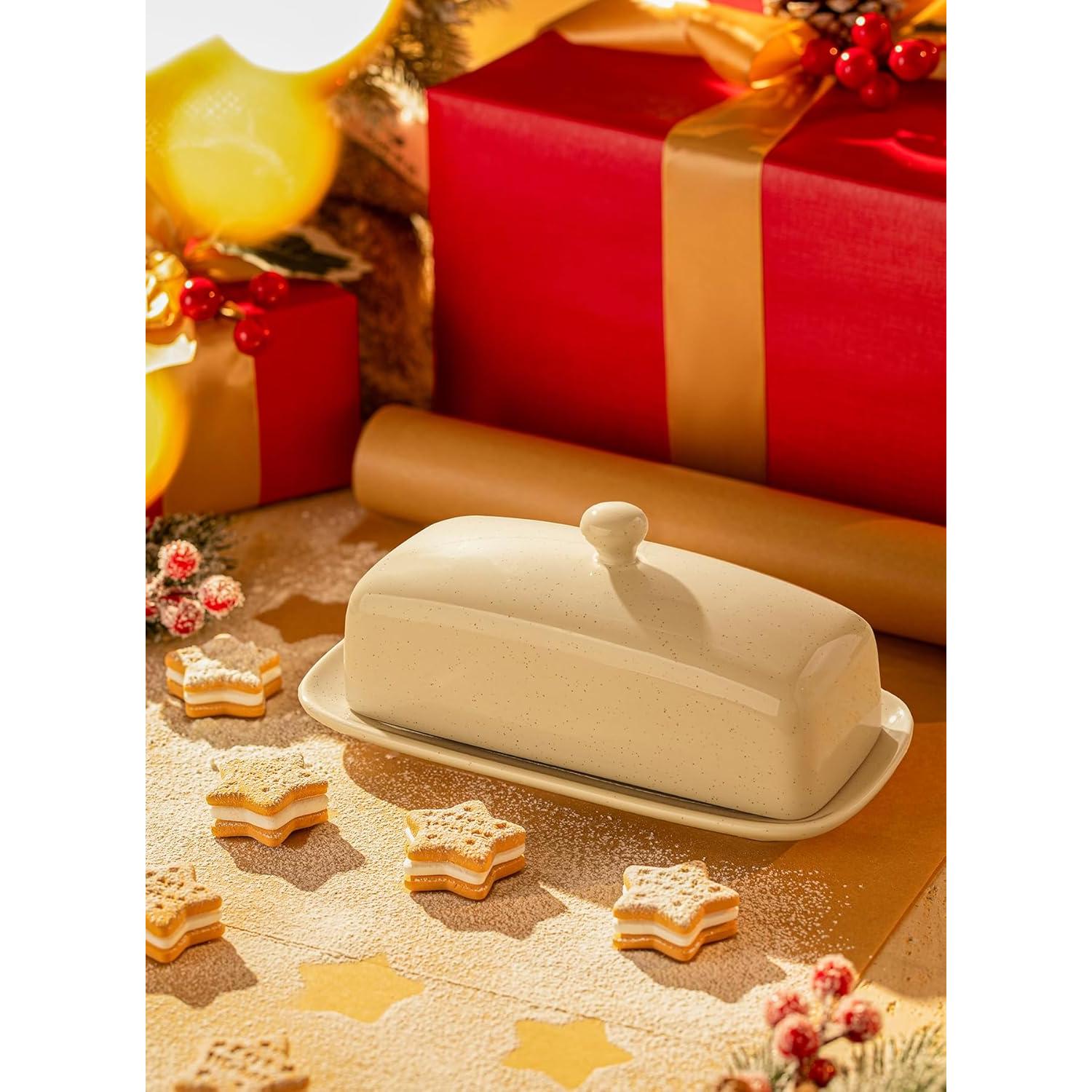 Plato de Mantequilla Sweese Beige con Tapa 19.8 cm Cerámica