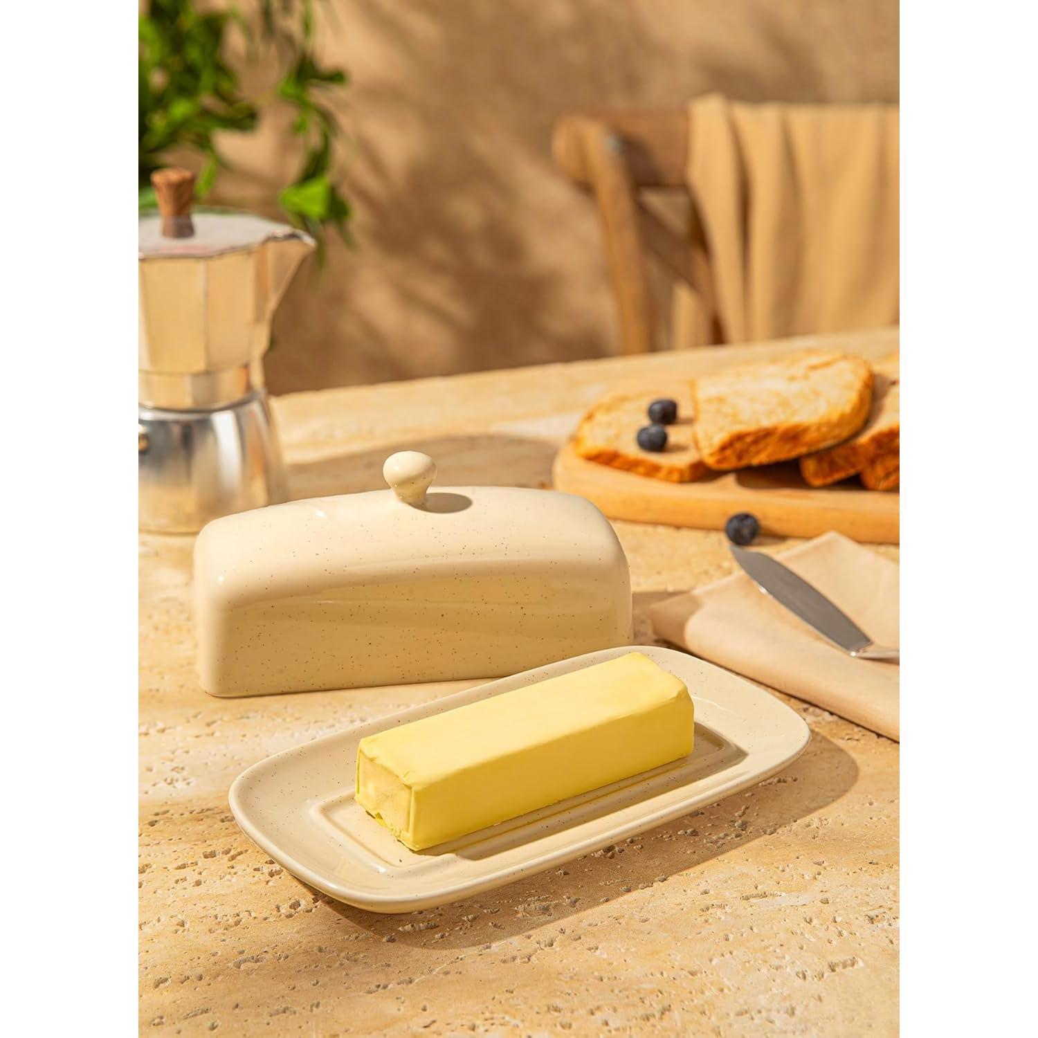 Plato de Mantequilla Sweese Beige con Tapa 19.8 cm Cerámica