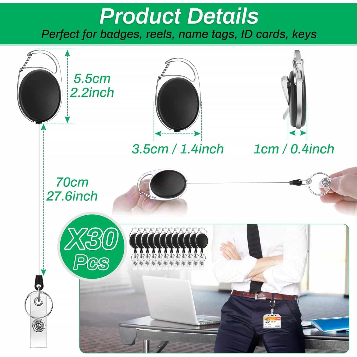 30 Sujetadores de Identificación Retráctiles Selizo Negro