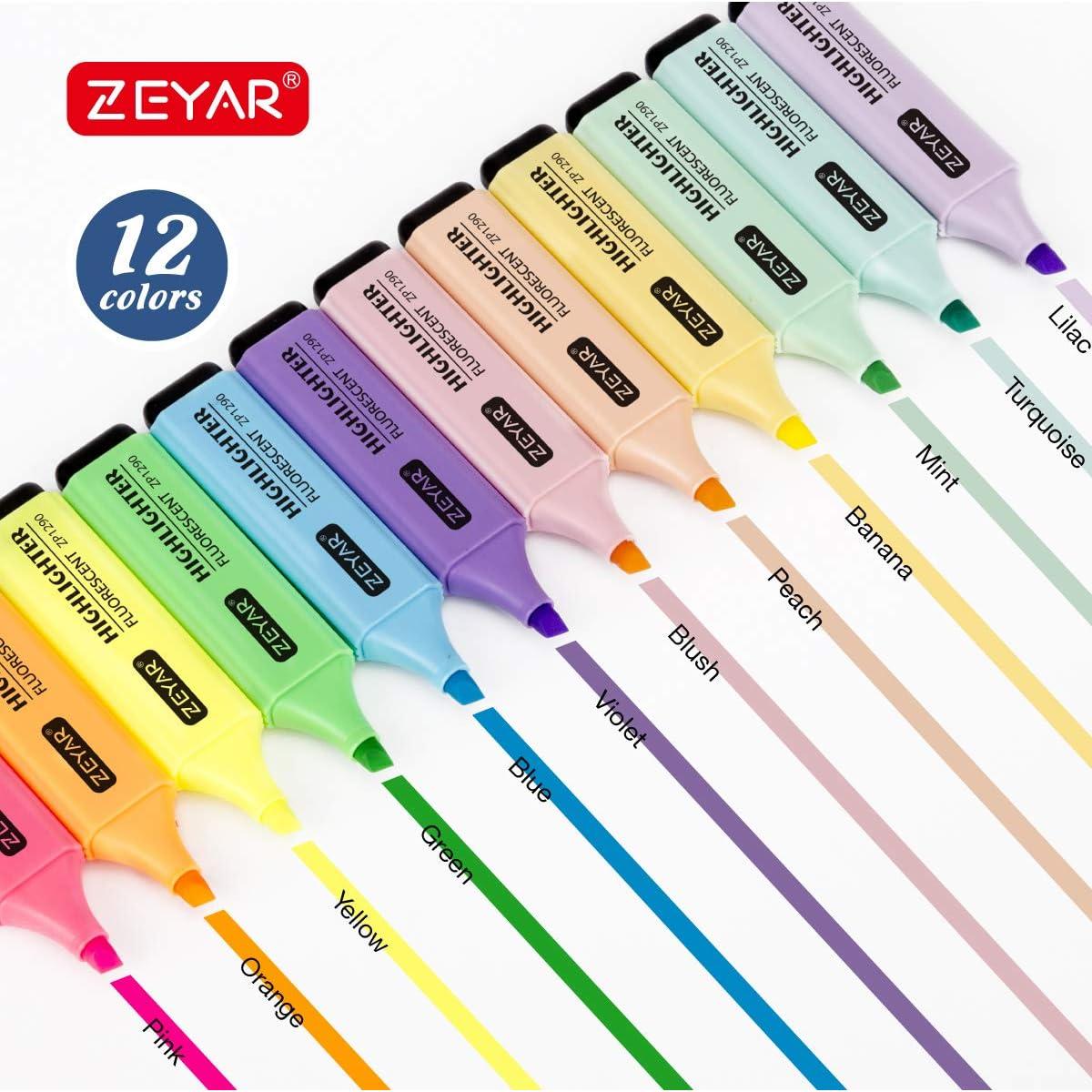 Marcador Resaltador ZEYAR 12 Colores Pastel Punta Biselada
