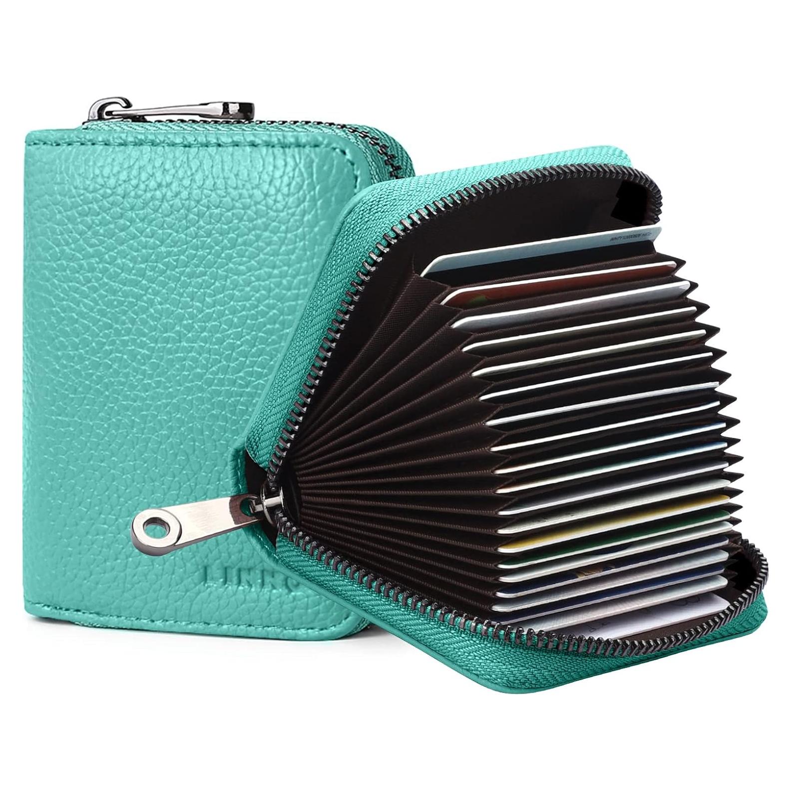 Cartera Portatarjetas de Cuero Genuino Linno RFID 20 Slots Azul Tiffany