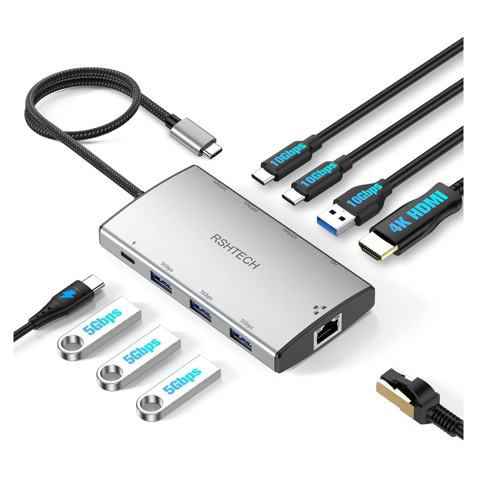 Adaptador Multiport USB C 9 en 1 RSHTECH HDMI 4K 100W