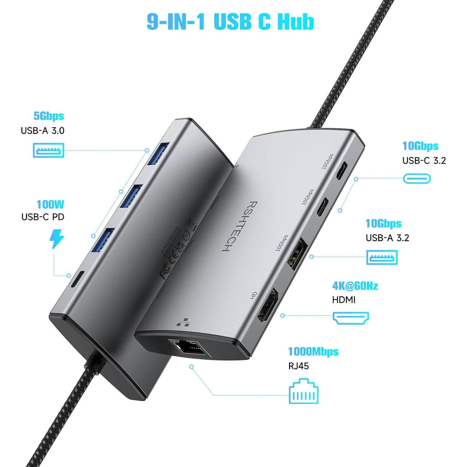 Adaptador Multiport USB C 9 en 1 RSHTECH HDMI 4K 100W