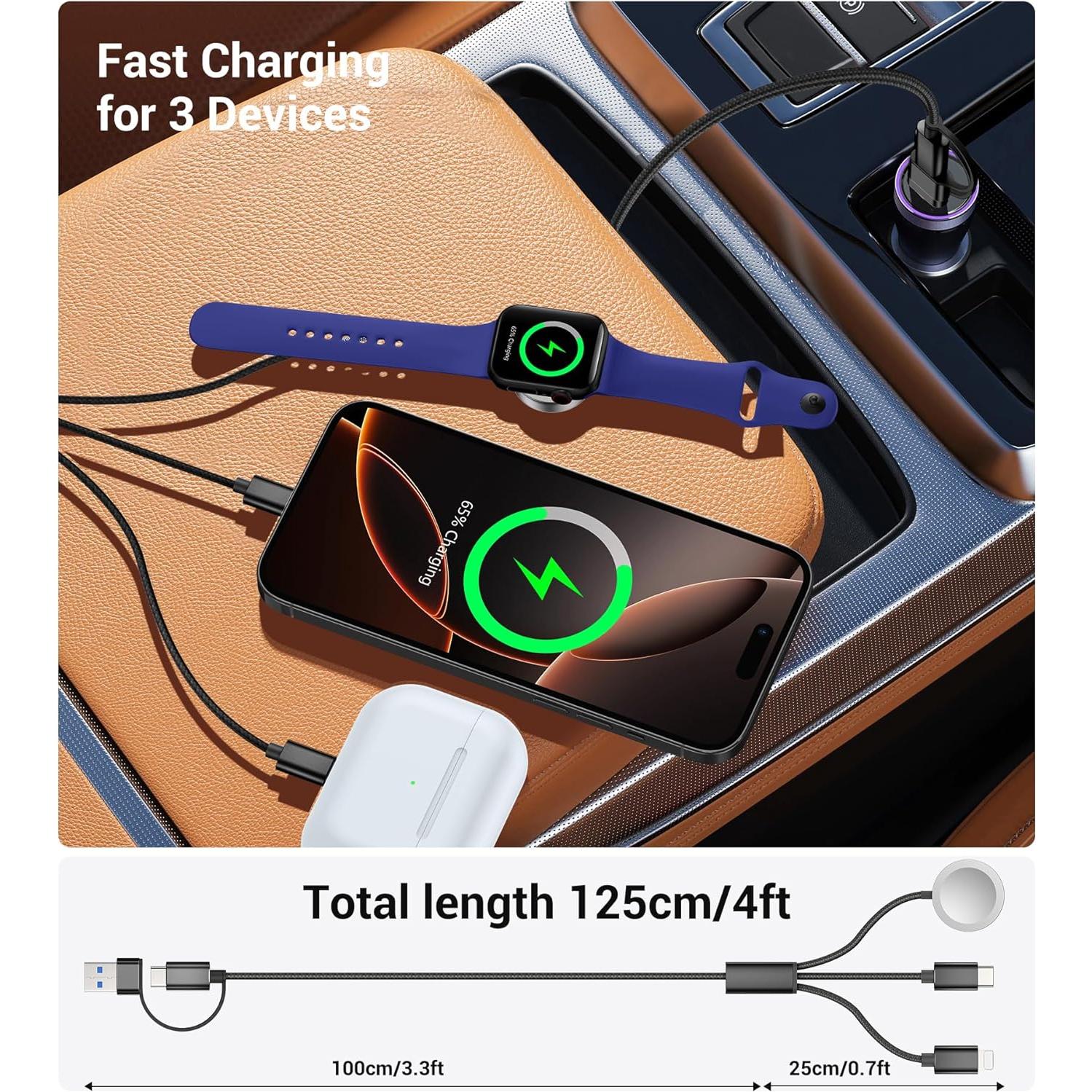 Cable de Carga Múltiple 3 en 2 Temdan 4FT para Apple Watch y iPhone