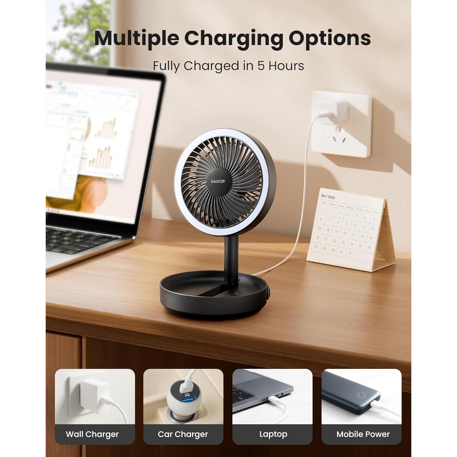 Ventilador de Mesa Plegable Gaiatop 6000mAh con Luz LED