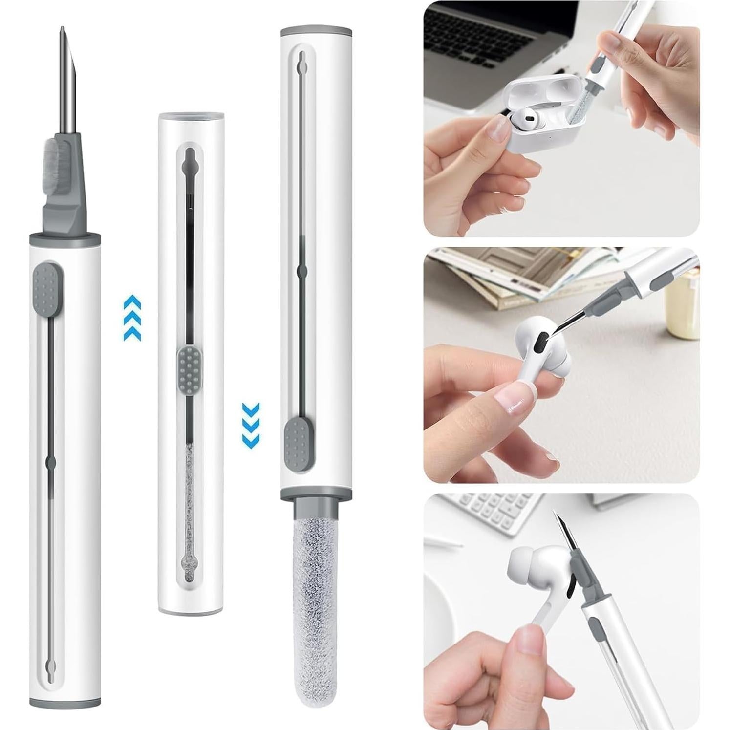 MOLOVA Cleaner Kit for Airpods Pro 1 2 3 Multi-Function 3 in 1 Cleaning Pen with Soft Brush Flocking Sponge for Bluetooth Earphones Case Cleaning Tools, 1 Piece(White)